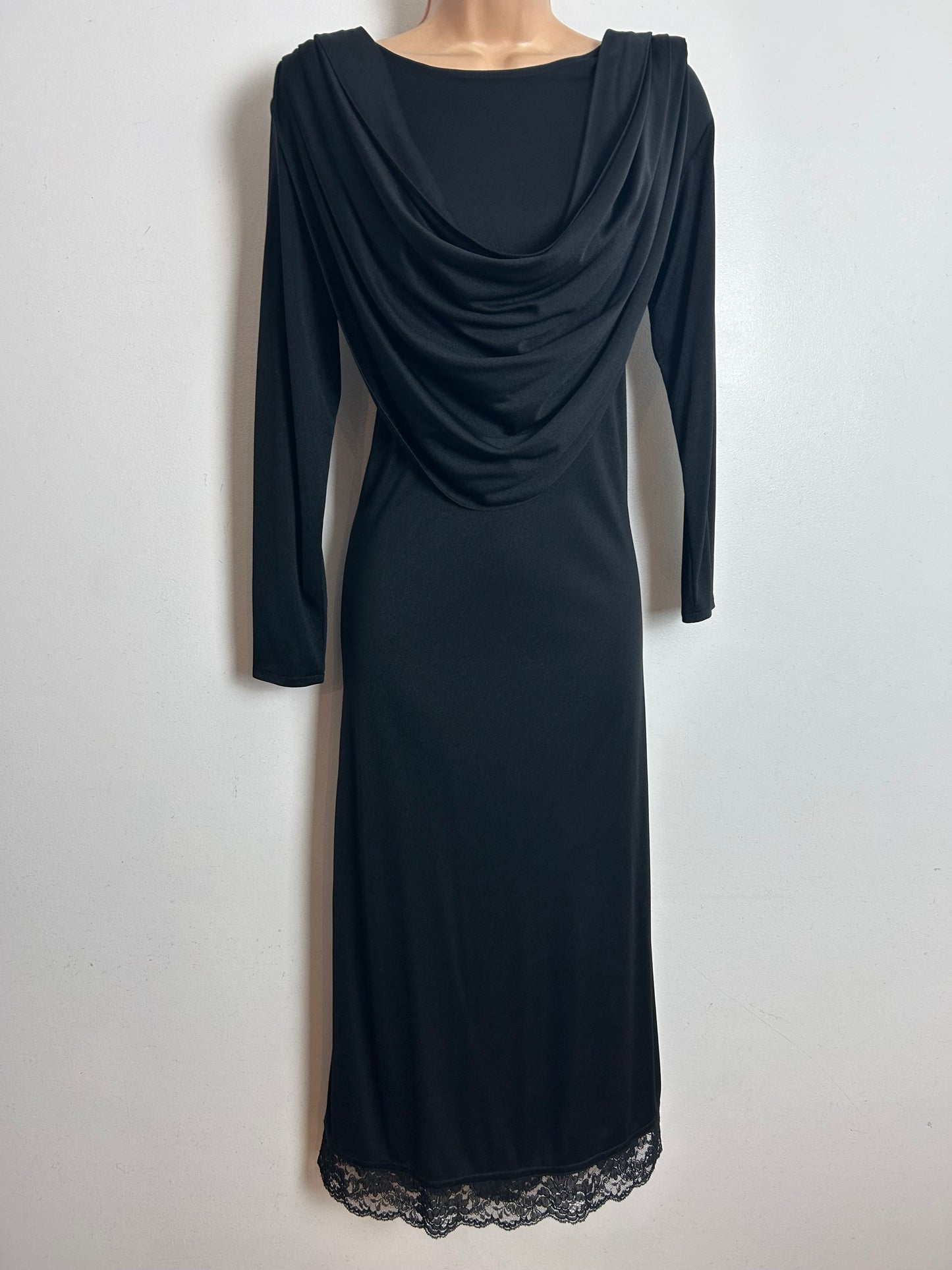 Vintage Late 1970s Early 1980s LAURA PHILLIPS Size 10-12 Black Drape Neck Long Sleeve Midi Occasion Dress