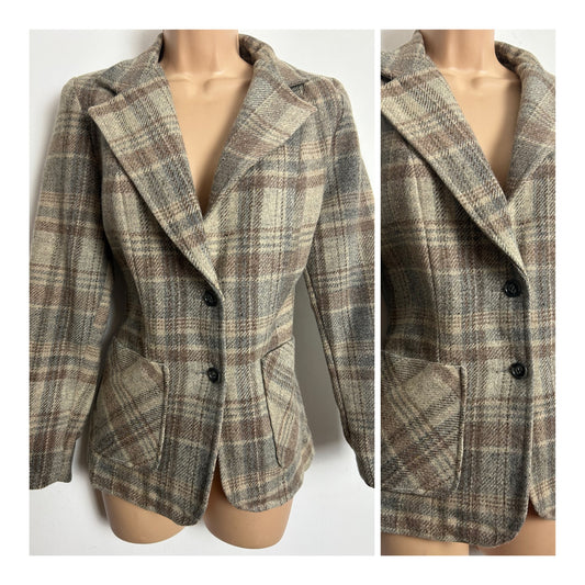 Vintage 1980s SWINGLES BY CONNECTIONS Size 10 Beige & Grey Tones Check Wool Mix Blazer