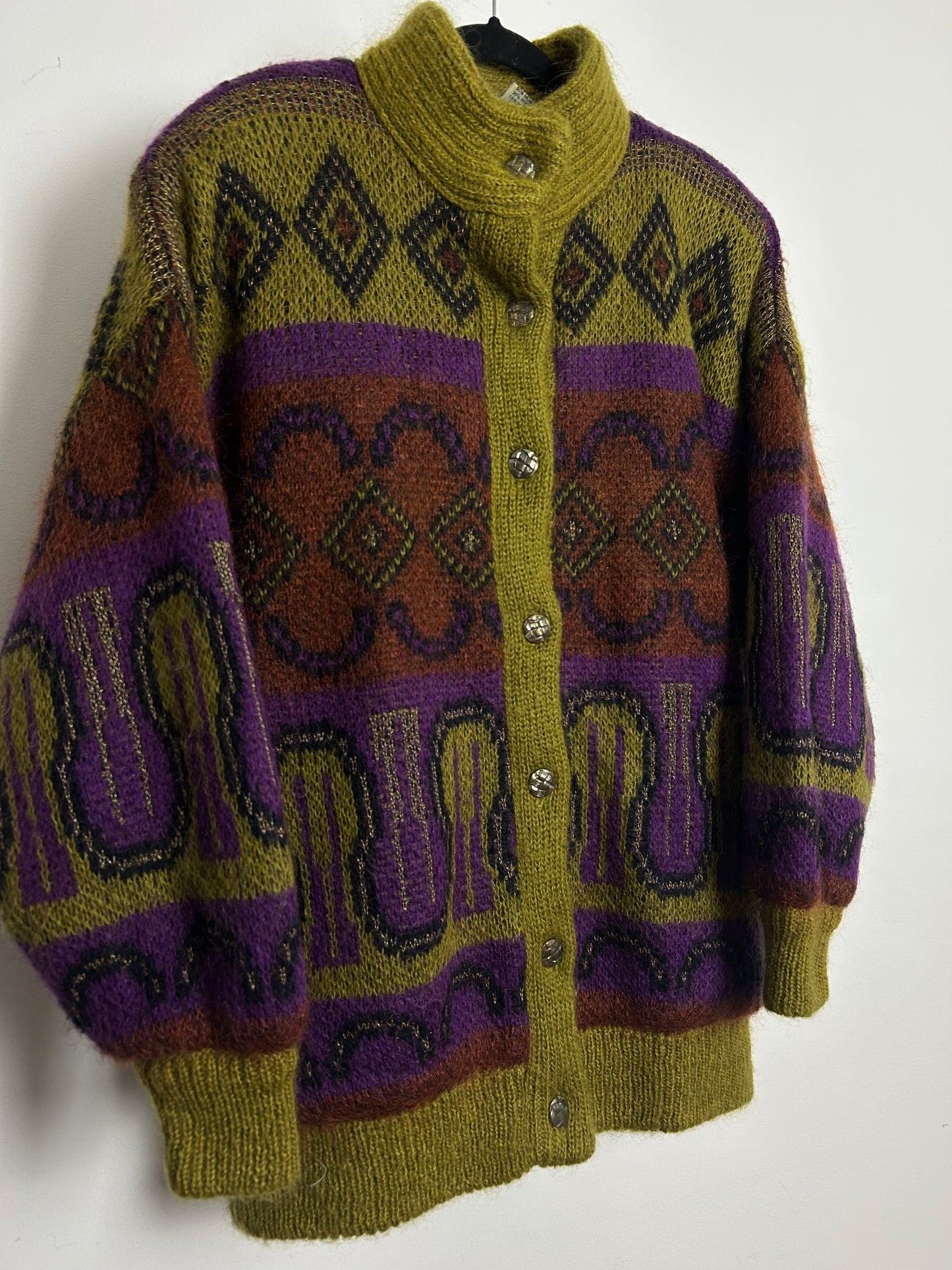 Vintage 1980s SIGNE INCOGNITO Up To Size 16 Oversized Wool & Mohair Mix Olive Green Purple & Rust Abstract Coatigan Cardigan