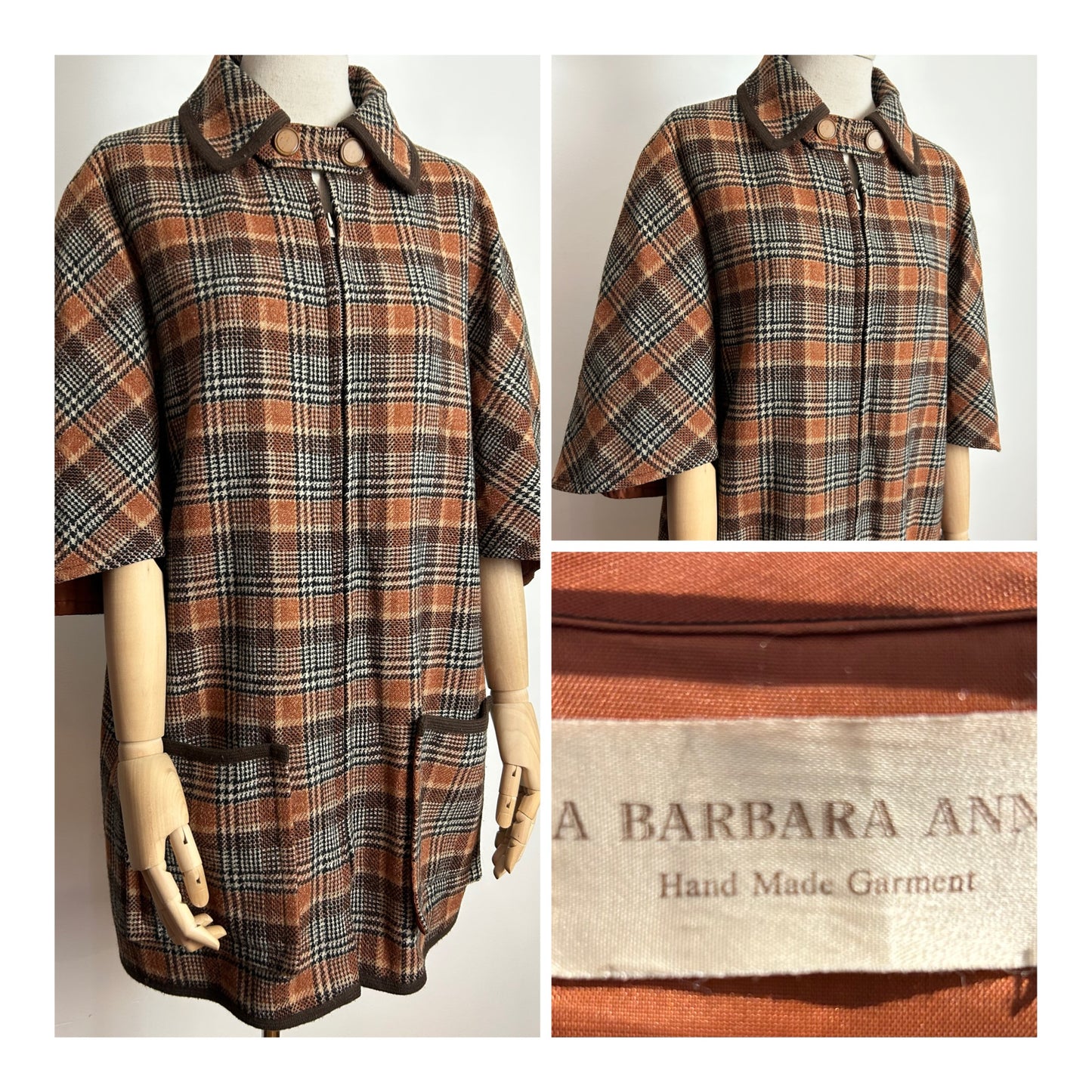Vintage 1960s Up To Size 16 Brown & Rust Check Wool Cape Style Coat By Barbara Anne