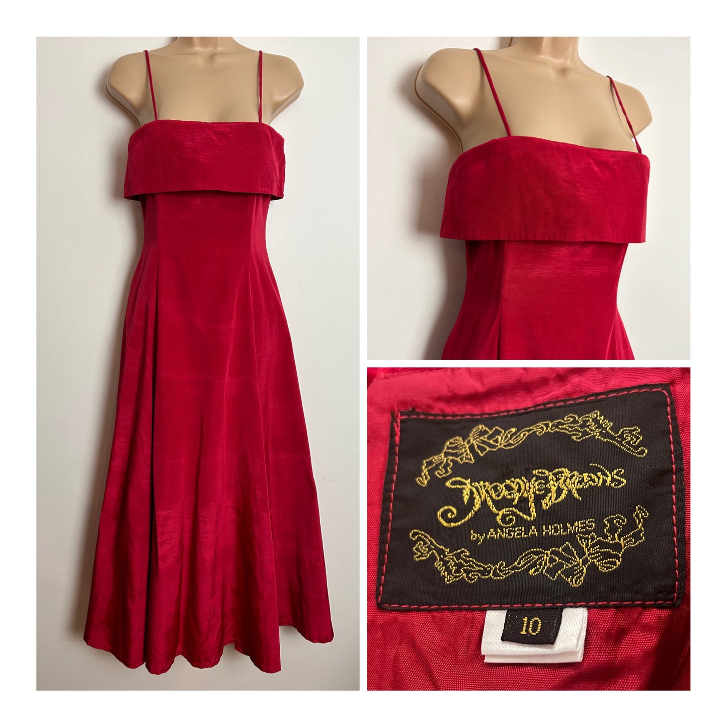 Vintage 1980s DROOPY & BROWNS By Angela Holmes UK Size 8 Red Strappy Flared Maxi Occasion Dress