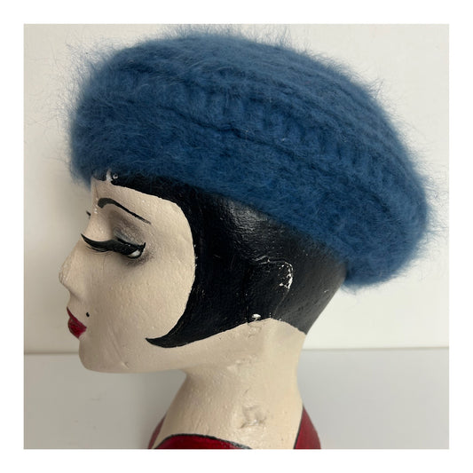 Vintage Dusky Blue Chunky Knit Wool & Angora Mix Beret Style Reversible Hat