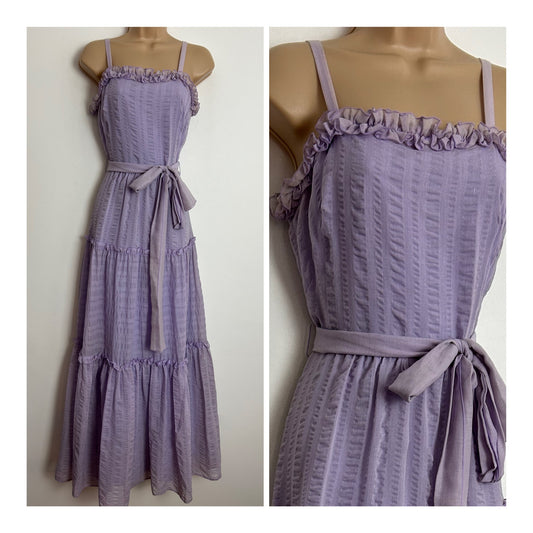 Vintage 1970s UK Size 6 Pastel Lilac Seersucker Cotton Ruffle Trim Prairie Boho Belted Summer Maxi Dress