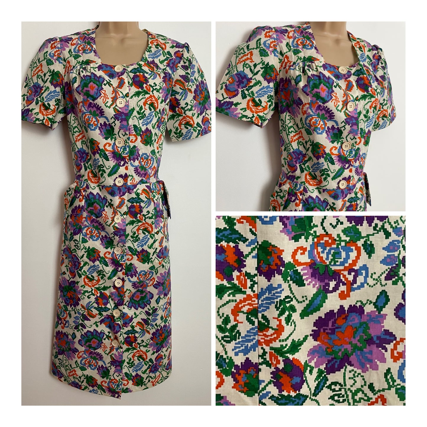 Vintage Early 80s UK Size 12 Cute Cream Orange Purple & Blue Pixelated Floral Print Cotton Day Dress By Diffusion Seldis Paris