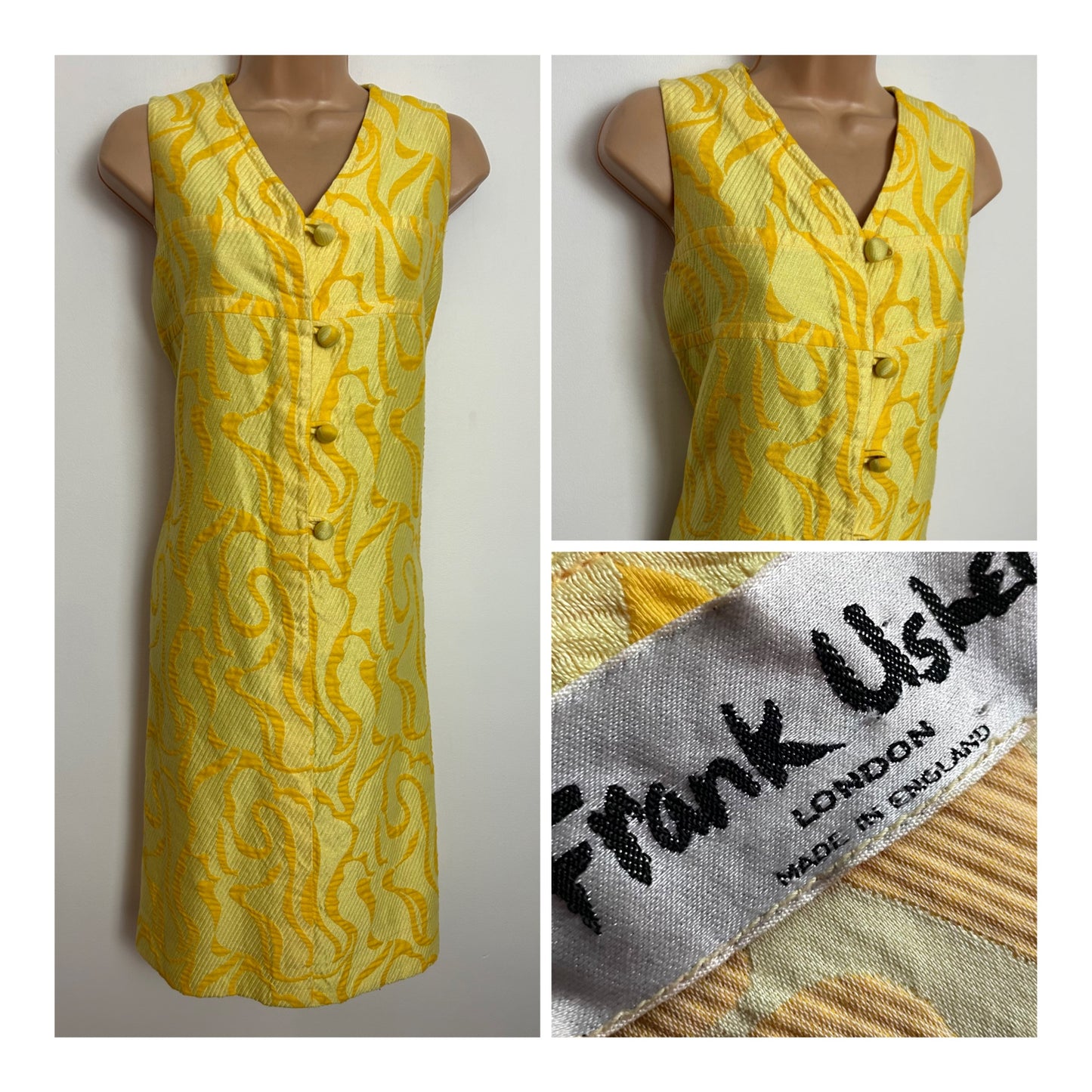 Vintage 1960s UK Size 10-12 FRANK USHER Yellow Slightly Textured Cotton Mix Sleeveless Shift Mod Dress