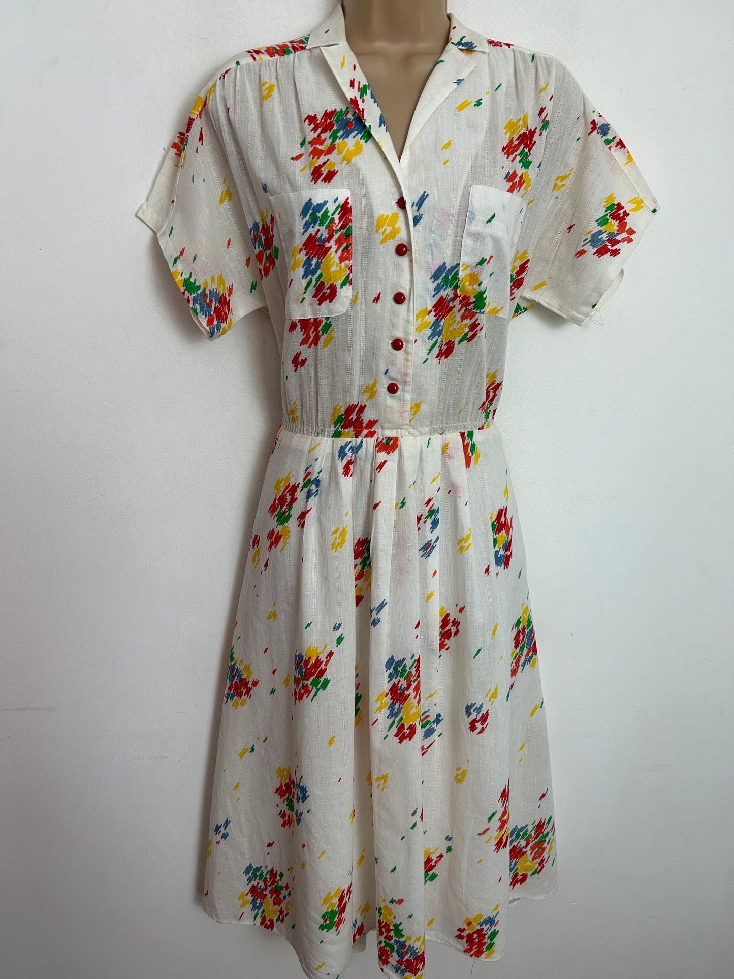 Vintage Late 1970s/Early 1980s UK Size 12 White Cotton & Multicolour Stripe Print Cotton Day Dress