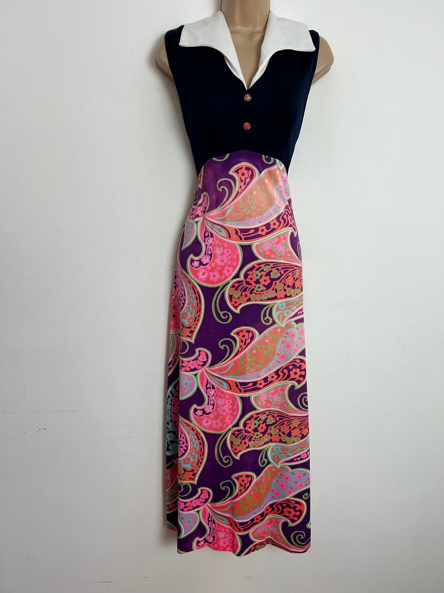 1970s UK Size 10 Navy Blue Purple Pink & Orange Psychedelic Floral Print Sleeveless Boho Maxi Dress