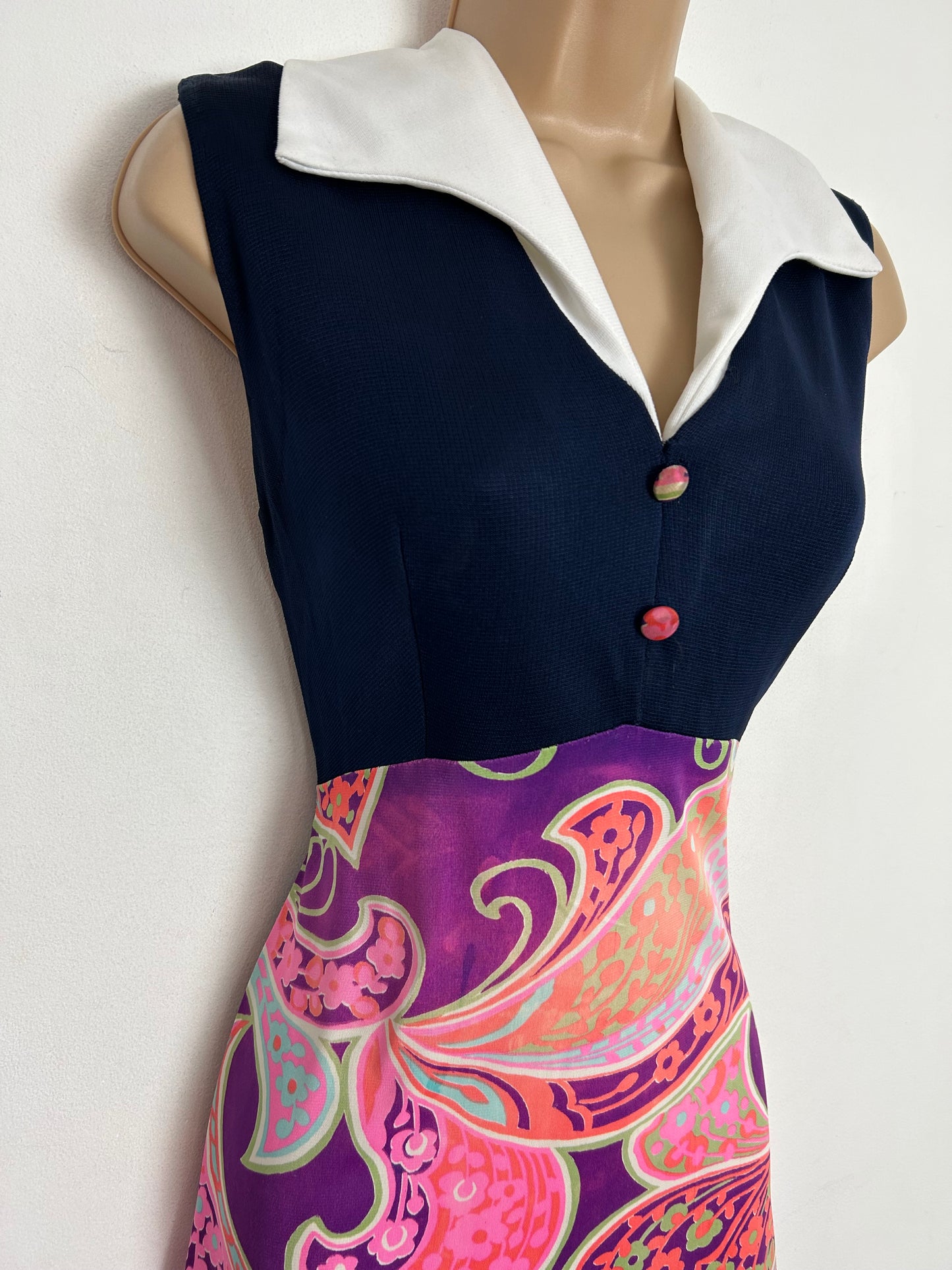 1970s UK Size 10 Navy Blue Purple Pink & Orange Psychedelic Floral Print Sleeveless Boho Maxi Dress