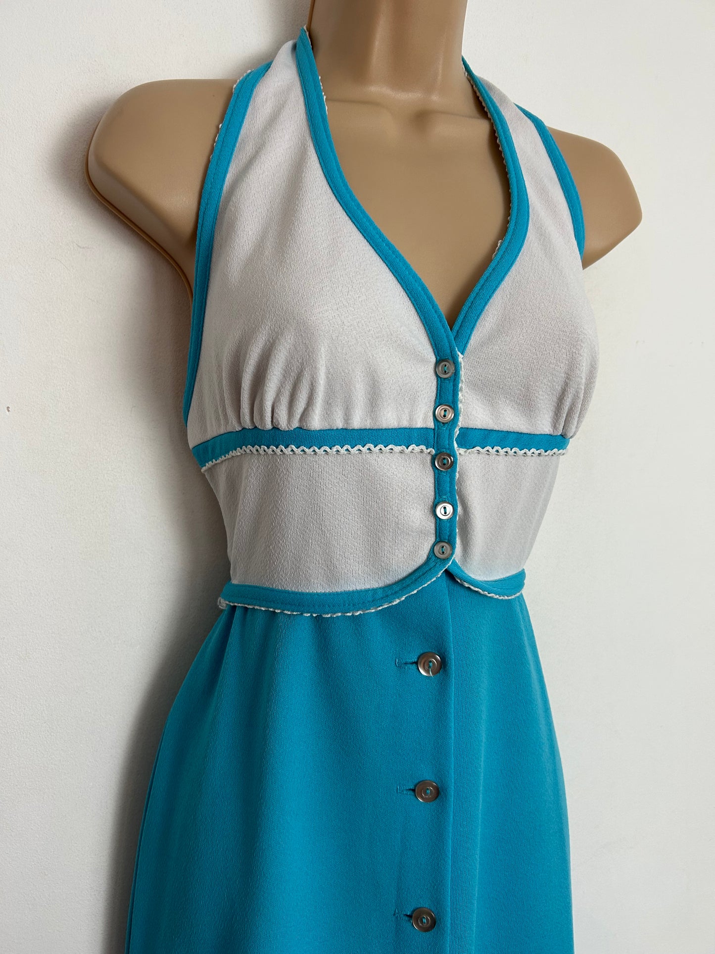 Vintage 1970s UK Size 6 Cute Turquoise & White Halterneck Crimplene Summer Boho Maxi Dress