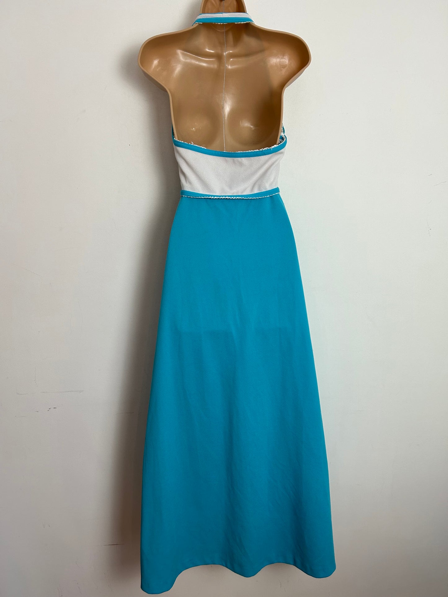 Vintage 1970s UK Size 6 Cute Turquoise & White Halterneck Crimplene Summer Boho Maxi Dress