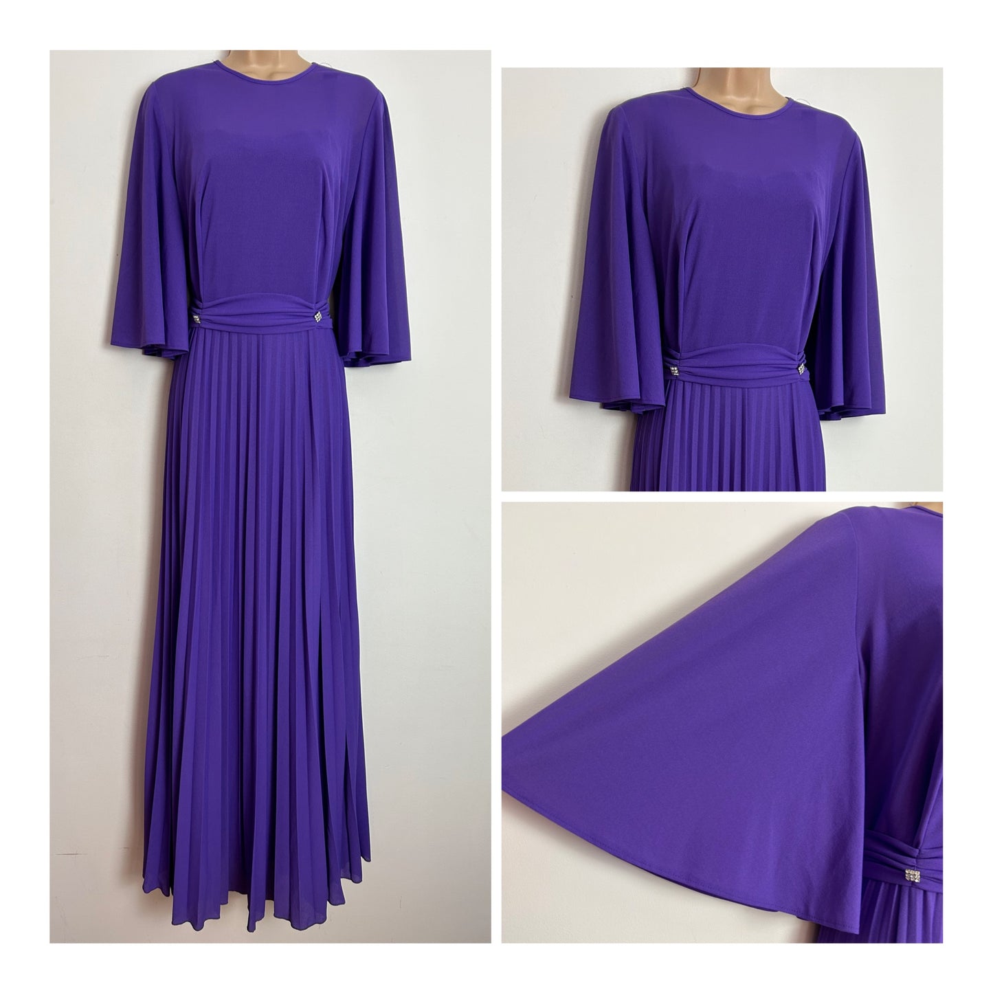 Late 1970s UK Size 14 Beautiful Purple Flared Sleeve Tie Back Pleated Occasion Evening Maxi Dress