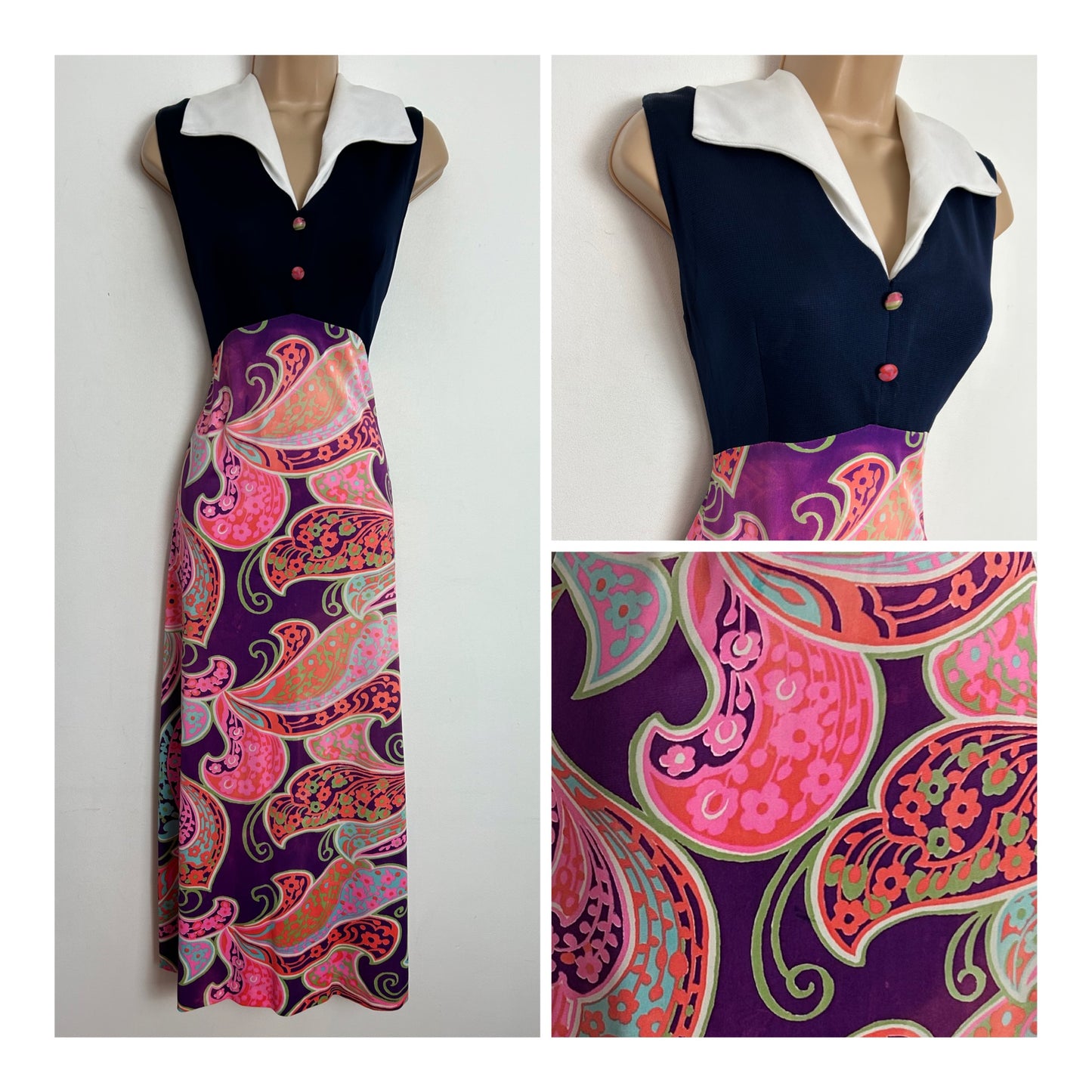 1970s UK Size 10 Navy Blue Purple Pink & Orange Psychedelic Floral Print Sleeveless Boho Maxi Dress