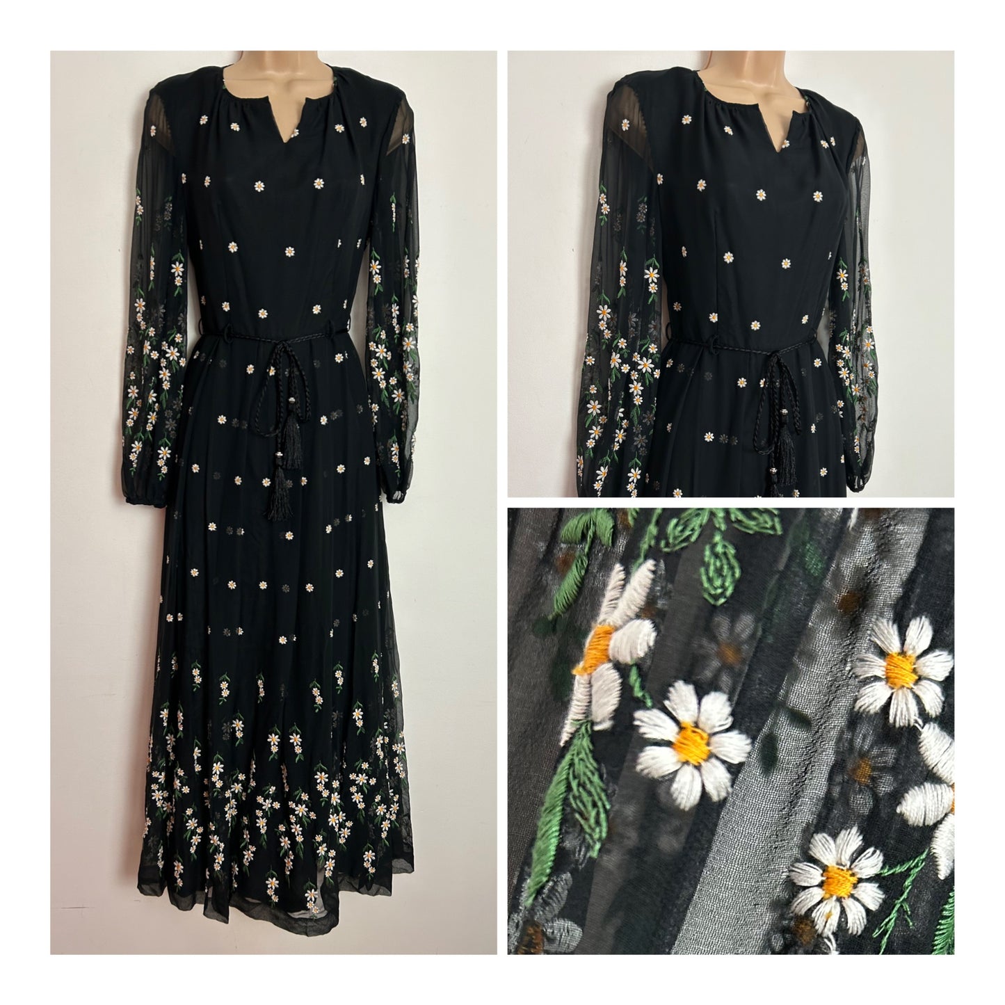 Early 1970s Siegelstoff Haute Couture UK Size 8 Beautiful Black Daisy Embroiedered Long Sleeve Belted Pleated Boho Maxi Dress