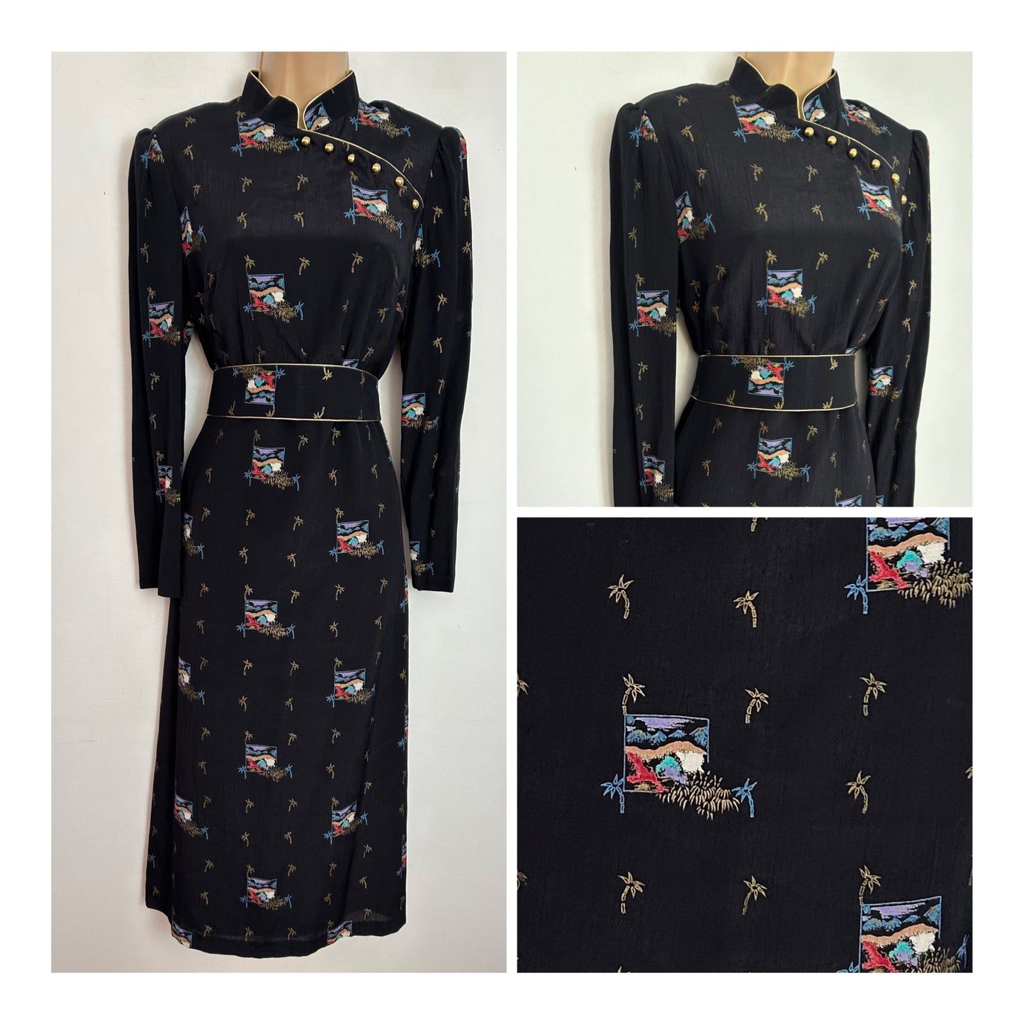 Vintage 1980s UK Size 8 Lovely Black & Gold Bamboo & Mountain Scene Print Long Sleeve Belted Day Dress by Mode Akutell