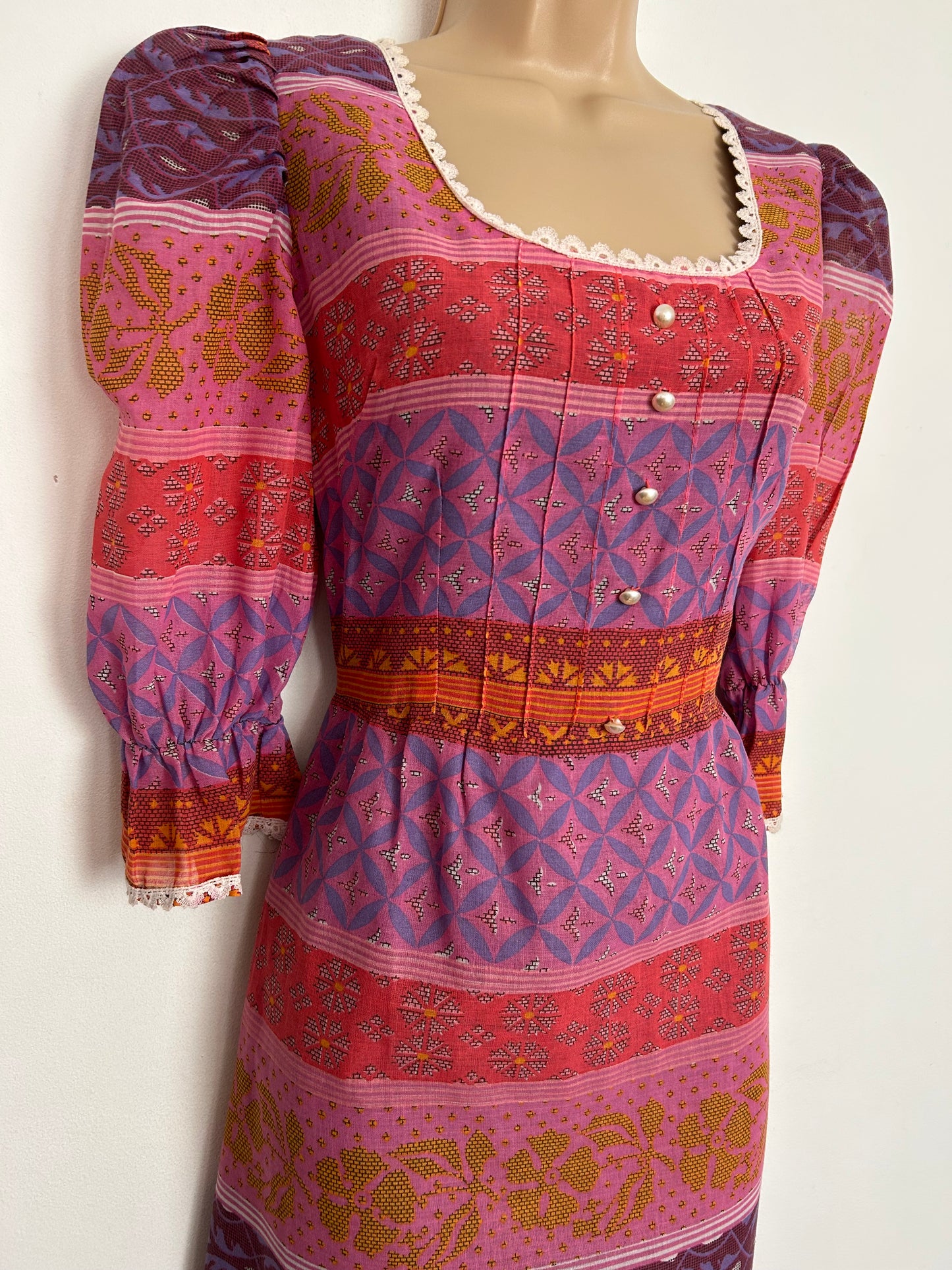 Vintage 1970s UK Size 6 Pink Lilac & Orange Abstract Print 3/4 Sleeve Cotton Mix Prairie Boho Maxi Dress