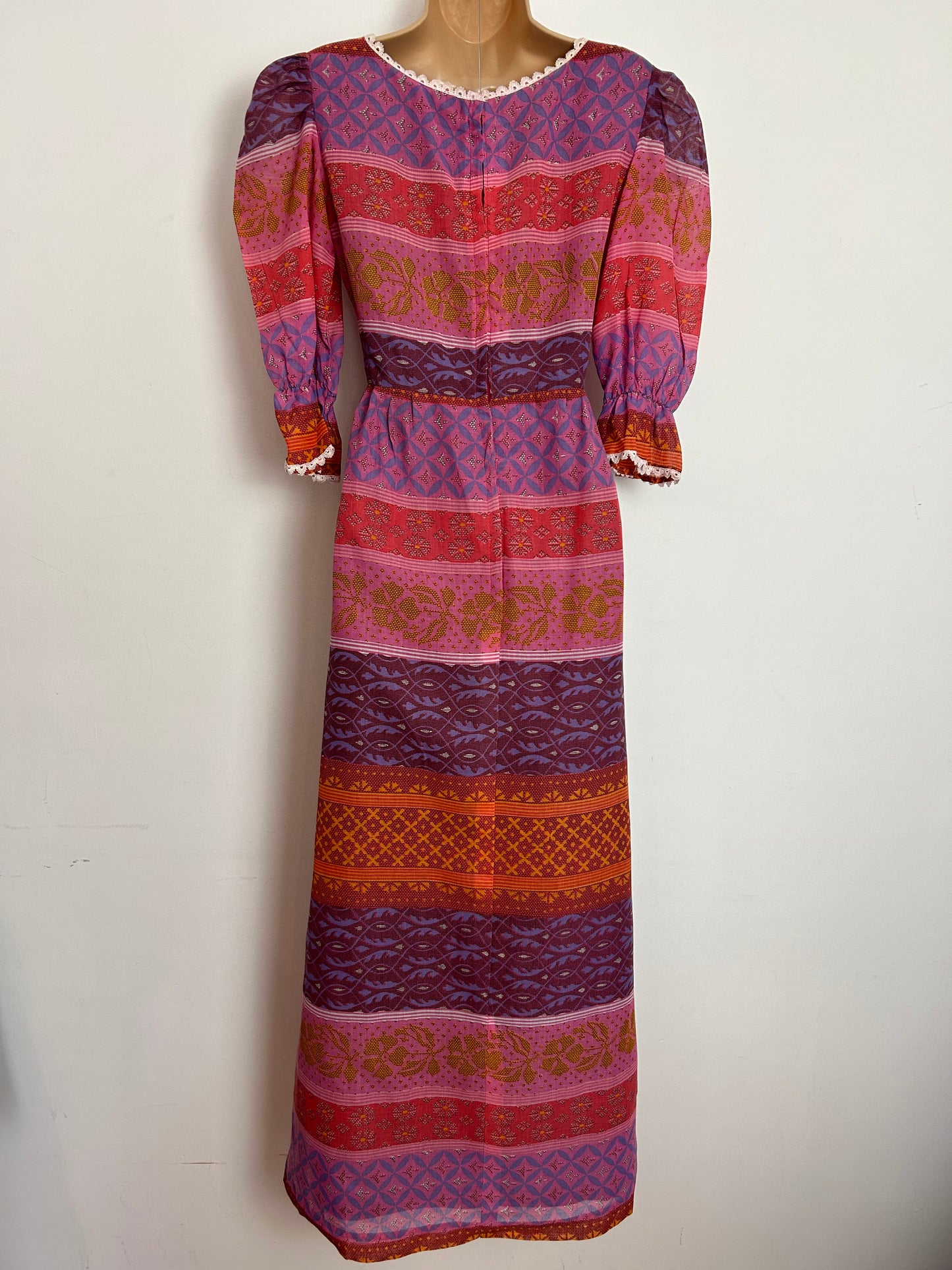 Vintage 1970s UK Size 6 Pink Lilac & Orange Abstract Print 3/4 Sleeve Cotton Mix Prairie Boho Maxi Dress