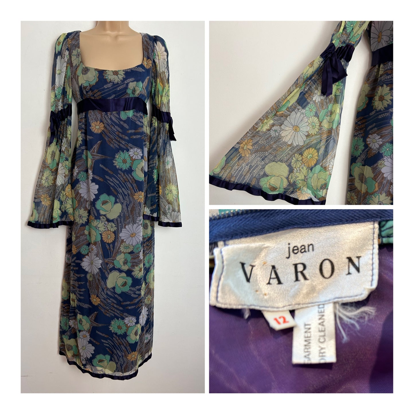Vintage 1960s JEAN VARON UK Size 6 Navy Blue Floral Print Satin Bow Trim Flared Sleeves Boho Shorter Length Maxi Dress