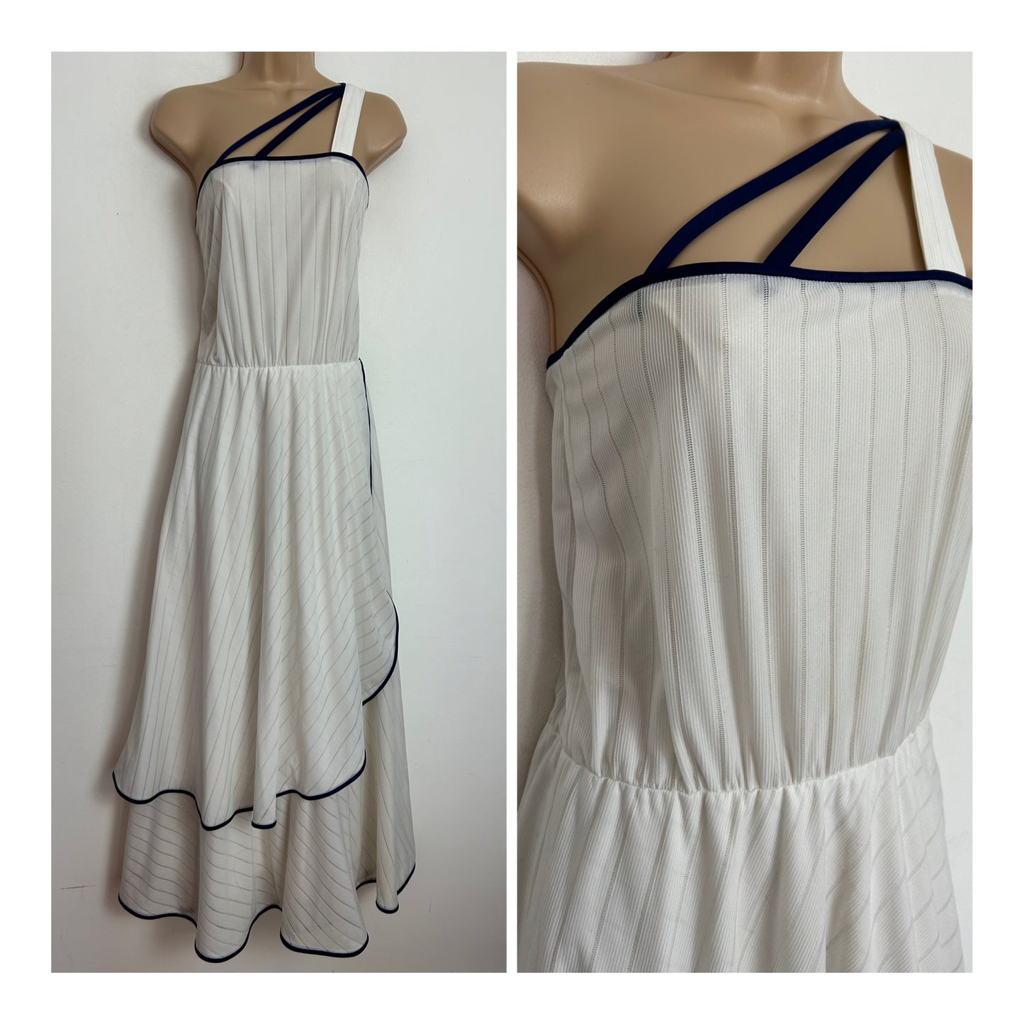 Vintage 1970s UK Size 8 Cute White Triple Shoulder Strap Summer Boho Maxi Dress