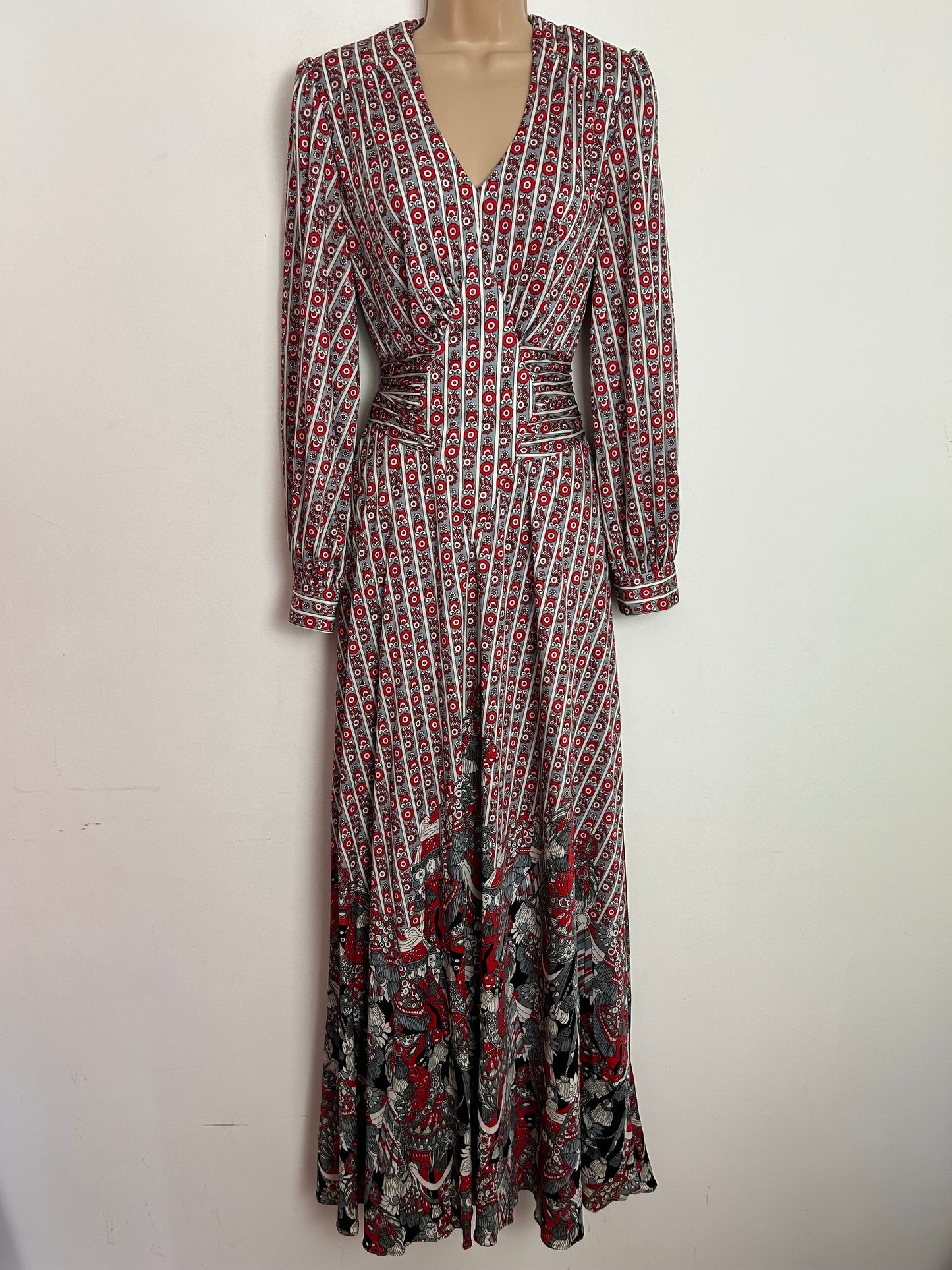 Vintage 1970s UK Size 12 VERA MONT PARIS Grey Red & White Floral & Tassel Print Long Sleeve Tie Back Maxi Dress