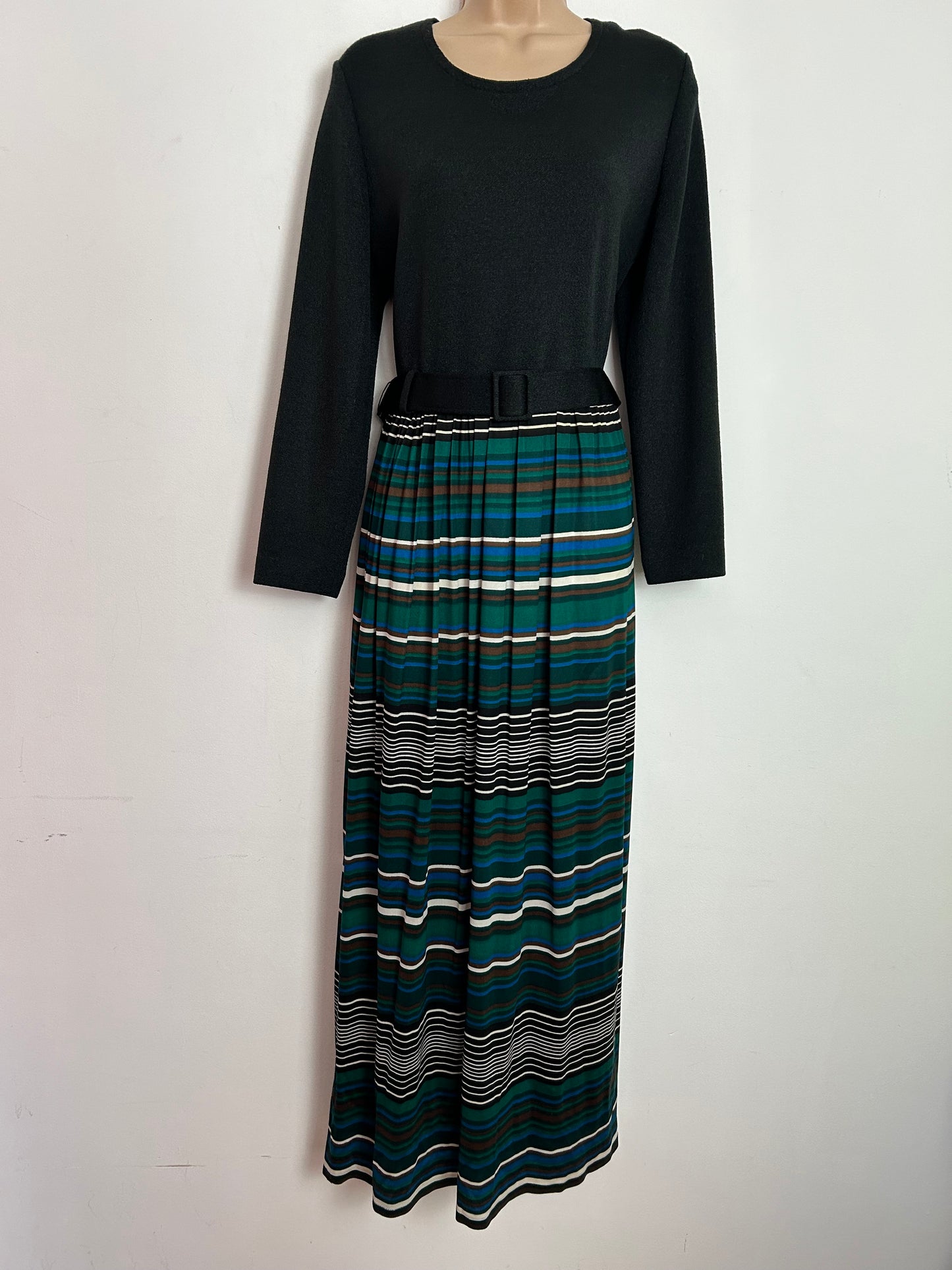 Vintage 1970s BERKERTEX UK Size 14 Black Green Brown & Blue Stripe Print Tie Belted Long Sleeve Maxi Dress