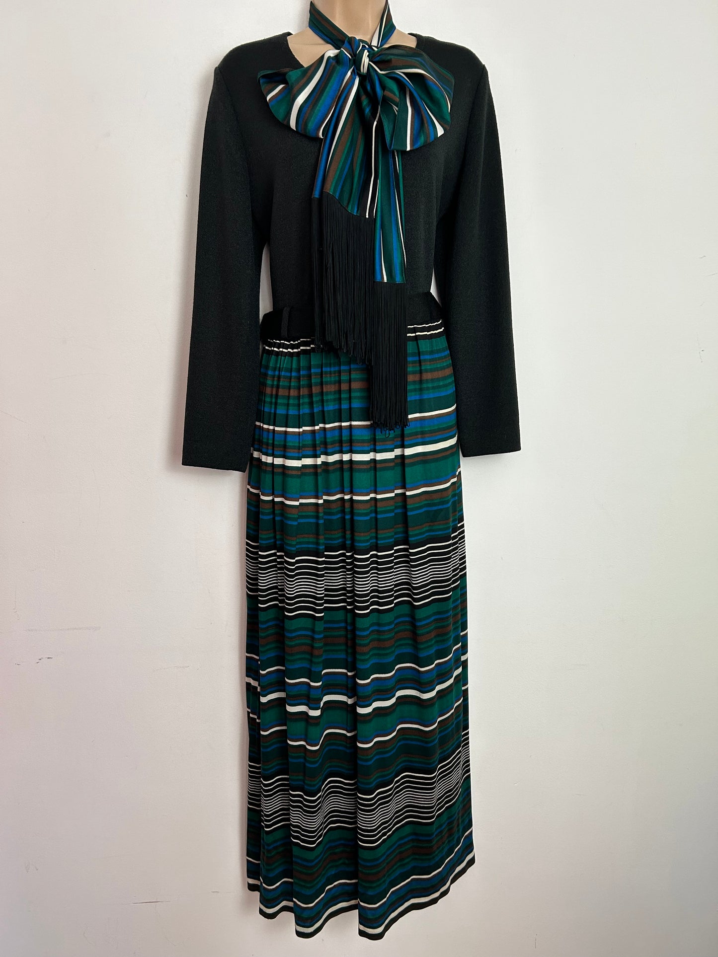 Vintage 1970s BERKERTEX UK Size 14 Black Green Brown & Blue Stripe Print Tie Belted Long Sleeve Maxi Dress