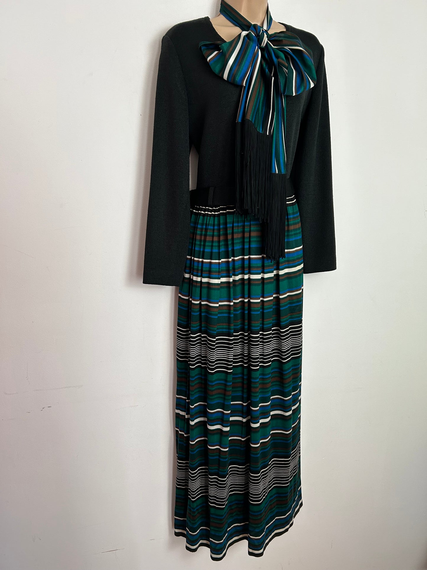 Vintage 1970s BERKERTEX UK Size 14 Black Green Brown & Blue Stripe Print Tie Belted Long Sleeve Maxi Dress