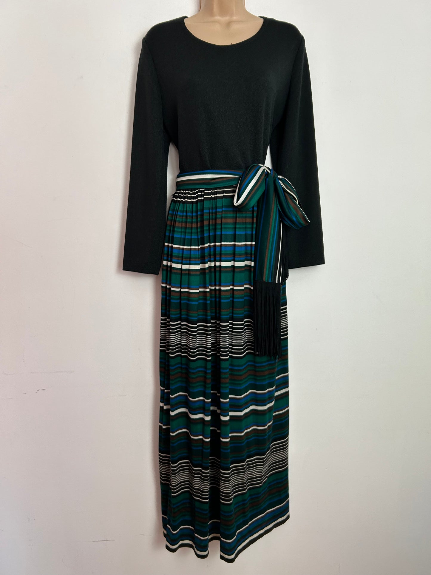 Vintage 1970s BERKERTEX UK Size 14 Black Green Brown & Blue Stripe Print Tie Belted Long Sleeve Maxi Dress