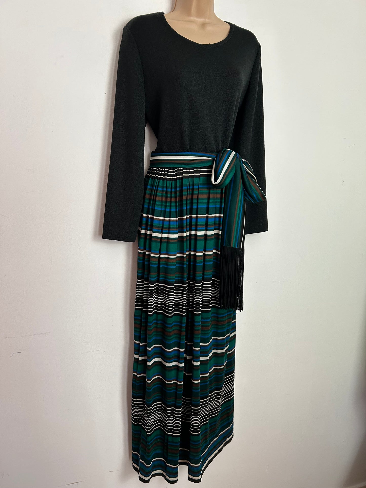 Vintage 1970s BERKERTEX UK Size 14 Black Green Brown & Blue Stripe Print Tie Belted Long Sleeve Maxi Dress