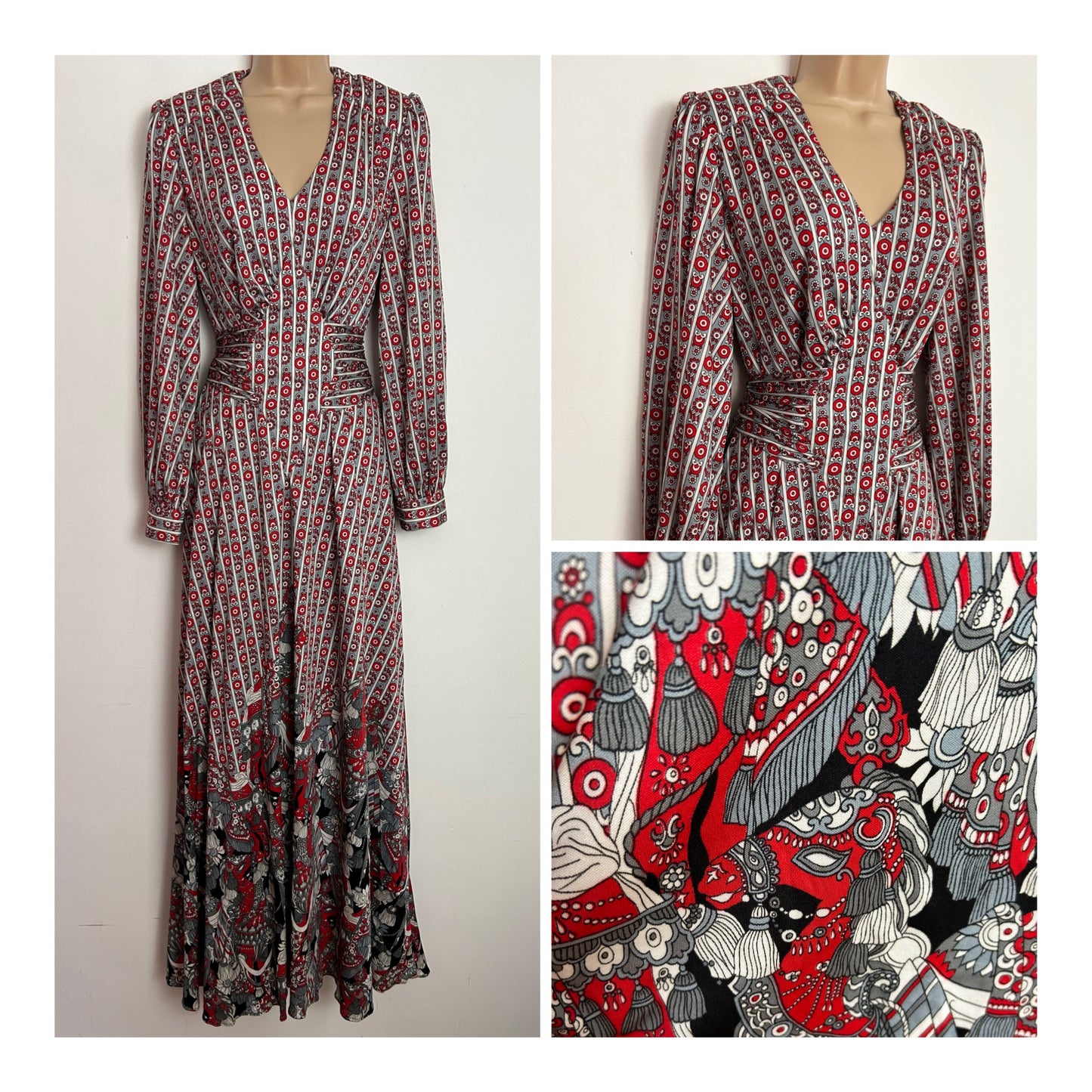 Vintage 1970s UK Size 12 VERA MONT PARIS Grey Red & White Floral & Tassel Print Long Sleeve Tie Back Maxi Dress