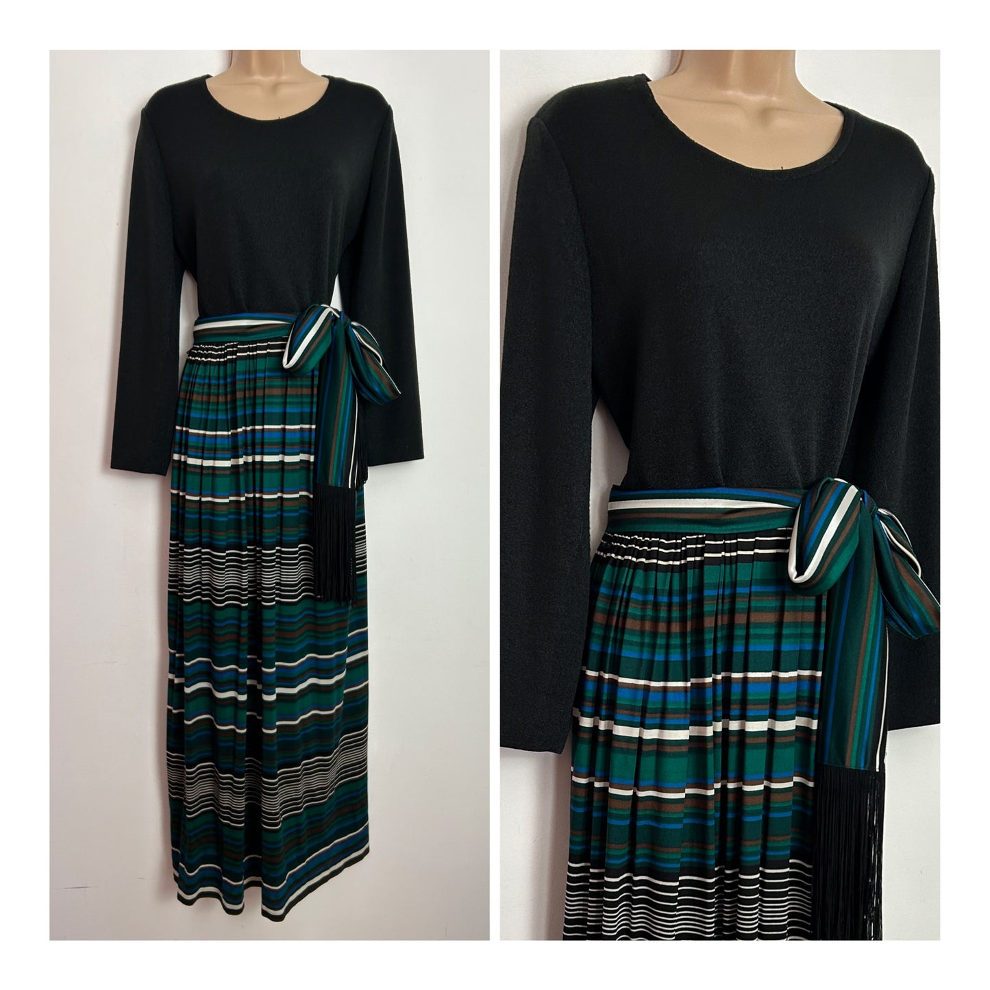 Vintage 1970s BERKERTEX UK Size 14 Black Green Brown & Blue Stripe Print Tie Belted Long Sleeve Maxi Dress