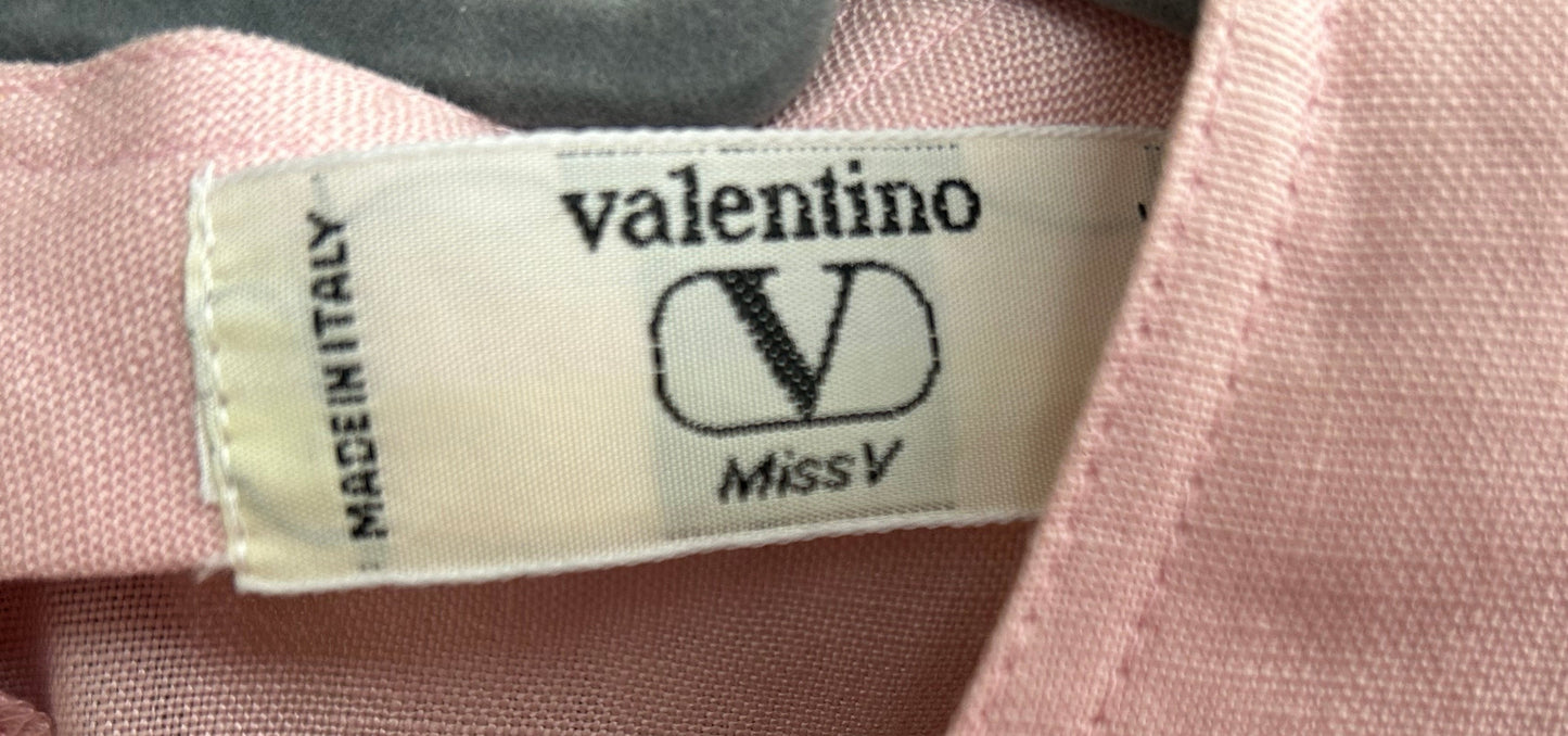 Vintage 1980s Miss V VALENTINO Gorgeous Approx UK Size 12 Pink & White 100% Linen Plastic Bow Detail Fitted Wiggle 1950s Style Dress