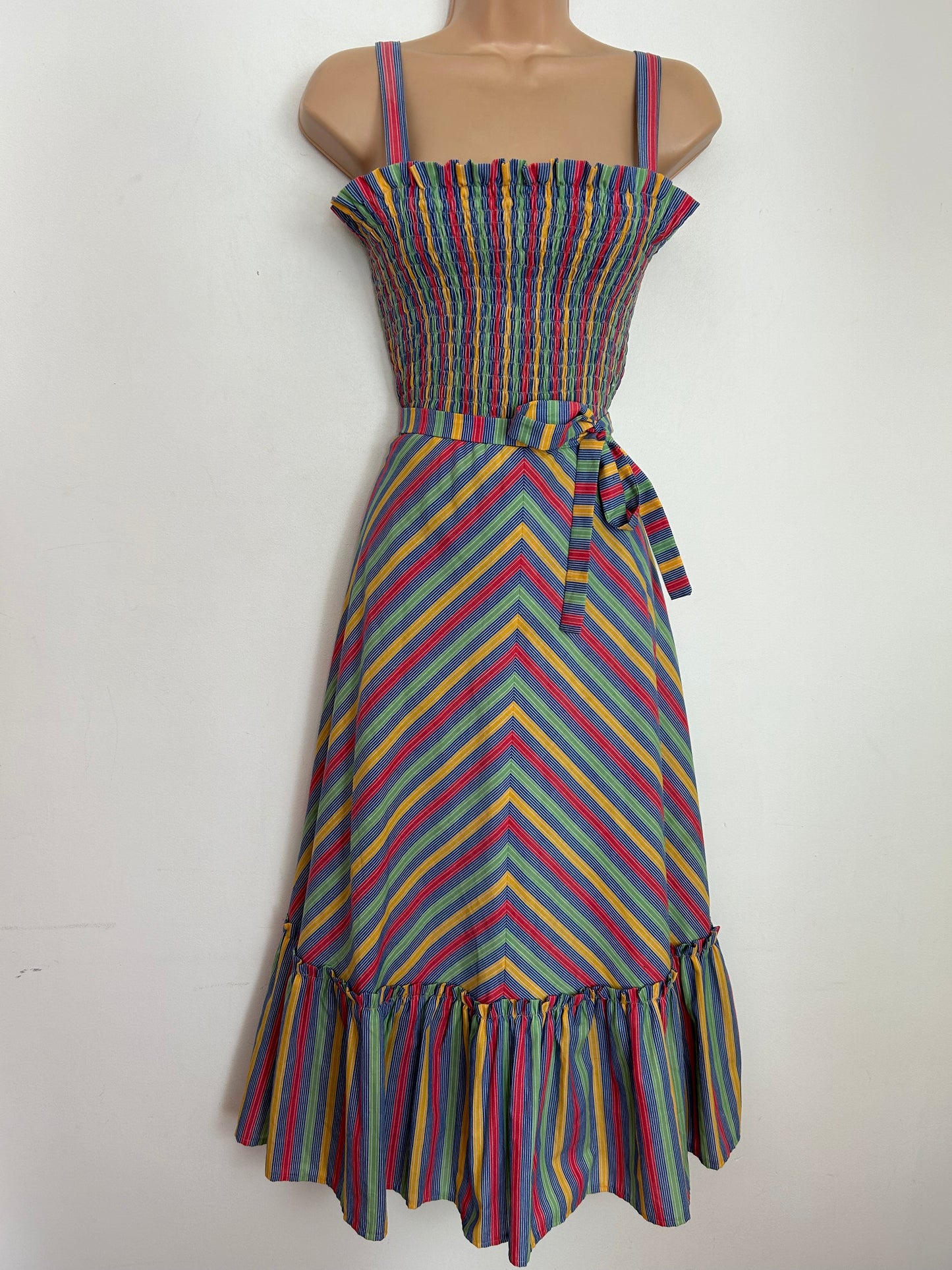 Vintage 1980s UK Size 12 Cute Red Blue Yellow & Green Stripe Print Belted Midi Cotton Summer Sun Dress