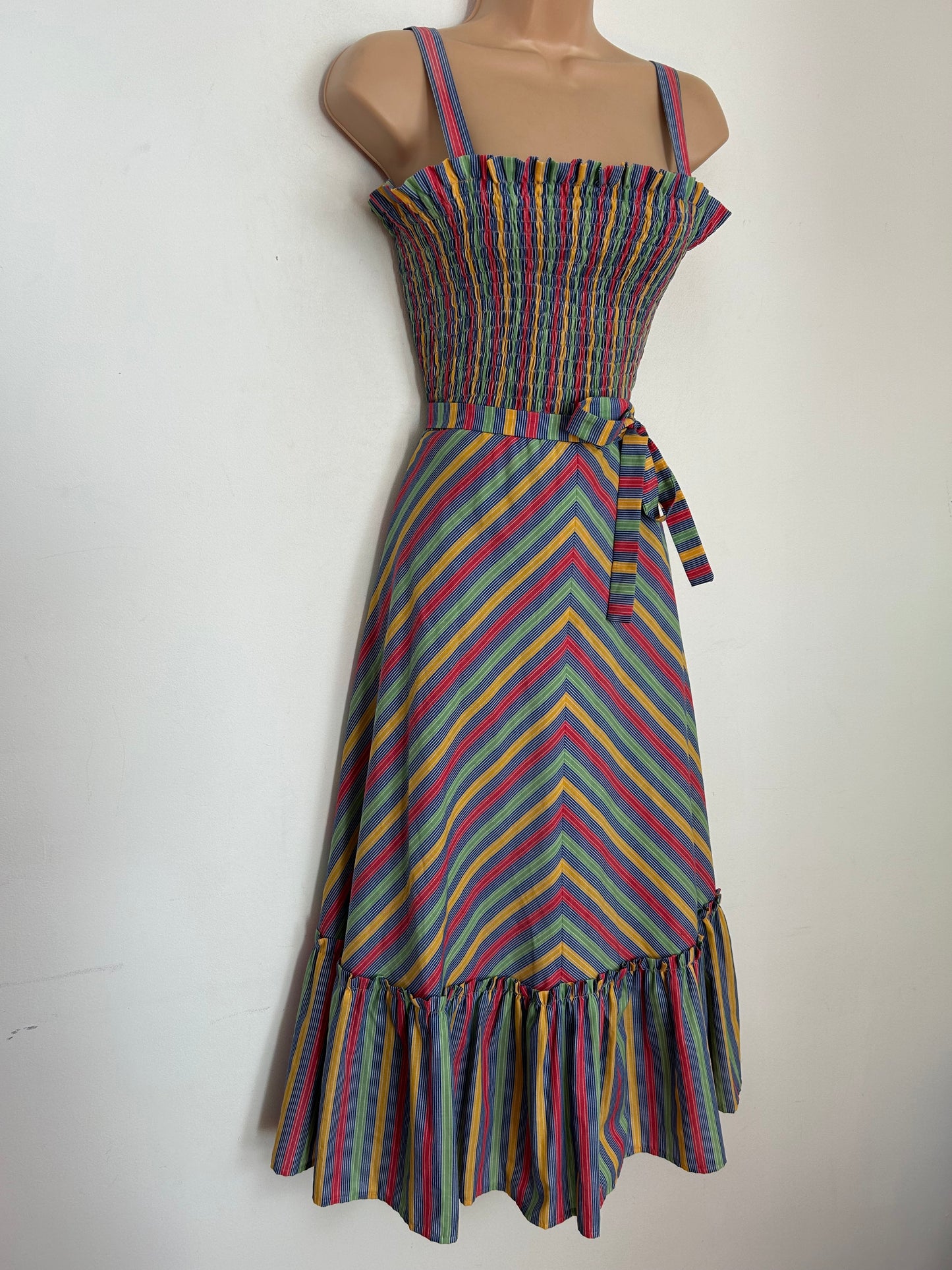 Vintage 1980s UK Size 12 Cute Red Blue Yellow & Green Stripe Print Belted Midi Cotton Summer Sun Dress