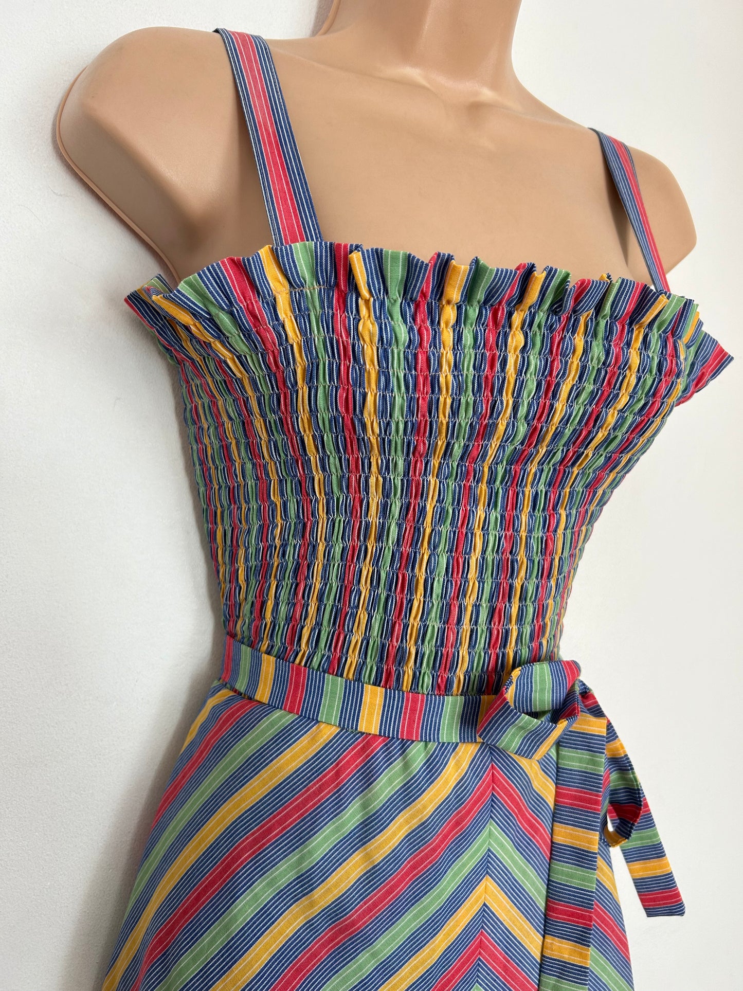 Vintage 1980s UK Size 12 Cute Red Blue Yellow & Green Stripe Print Belted Midi Cotton Summer Sun Dress