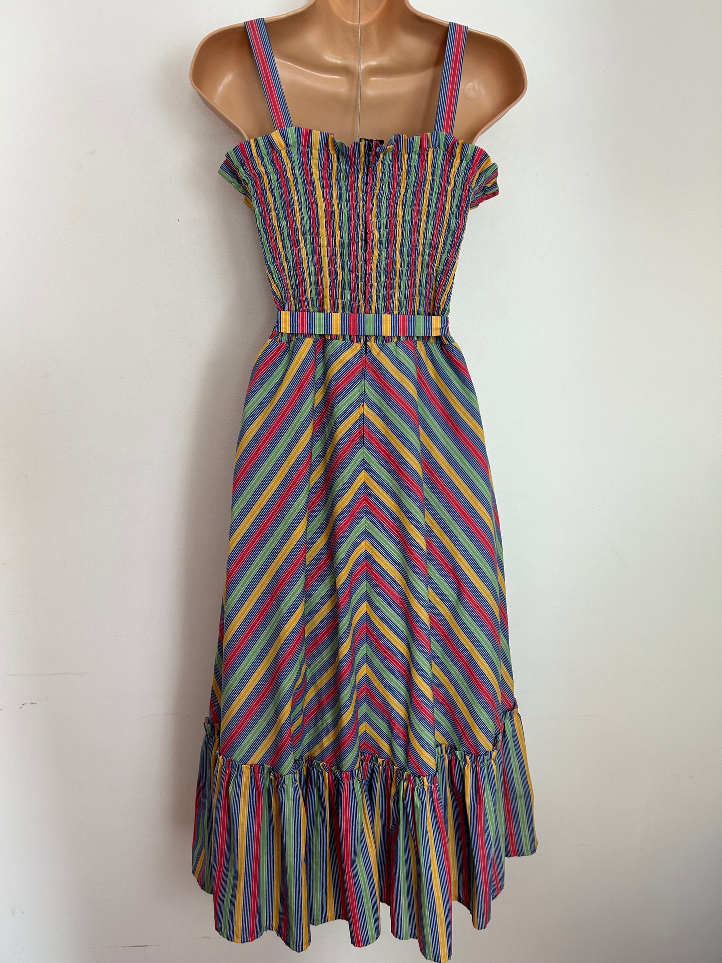 Vintage 1980s UK Size 12 Cute Red Blue Yellow & Green Stripe Print Belted Midi Cotton Summer Sun Dress