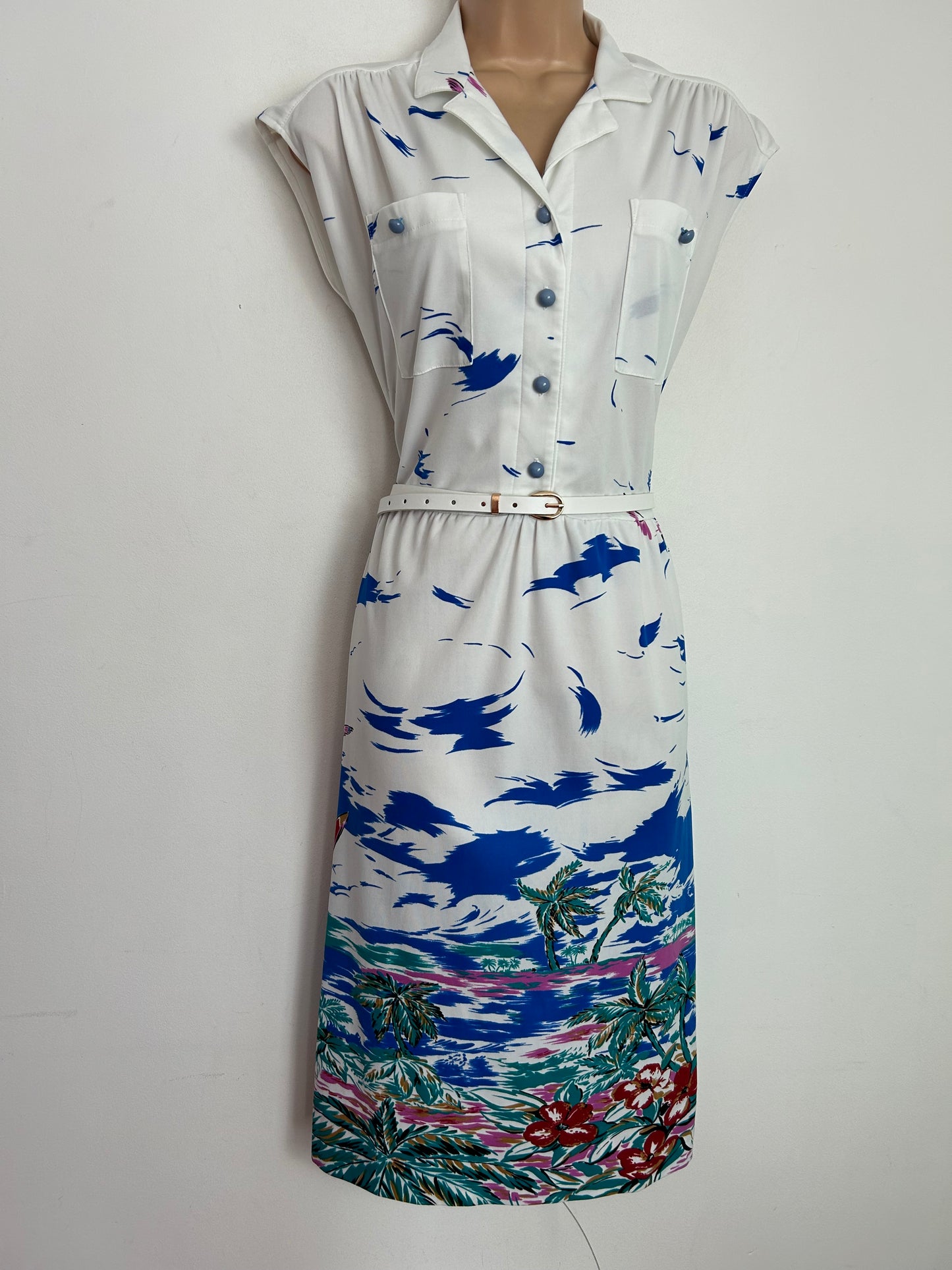 Vintage 1980s approx UK Size 14-16 White & Blue Abtract Troical Island Print Belted Summer Day Dress