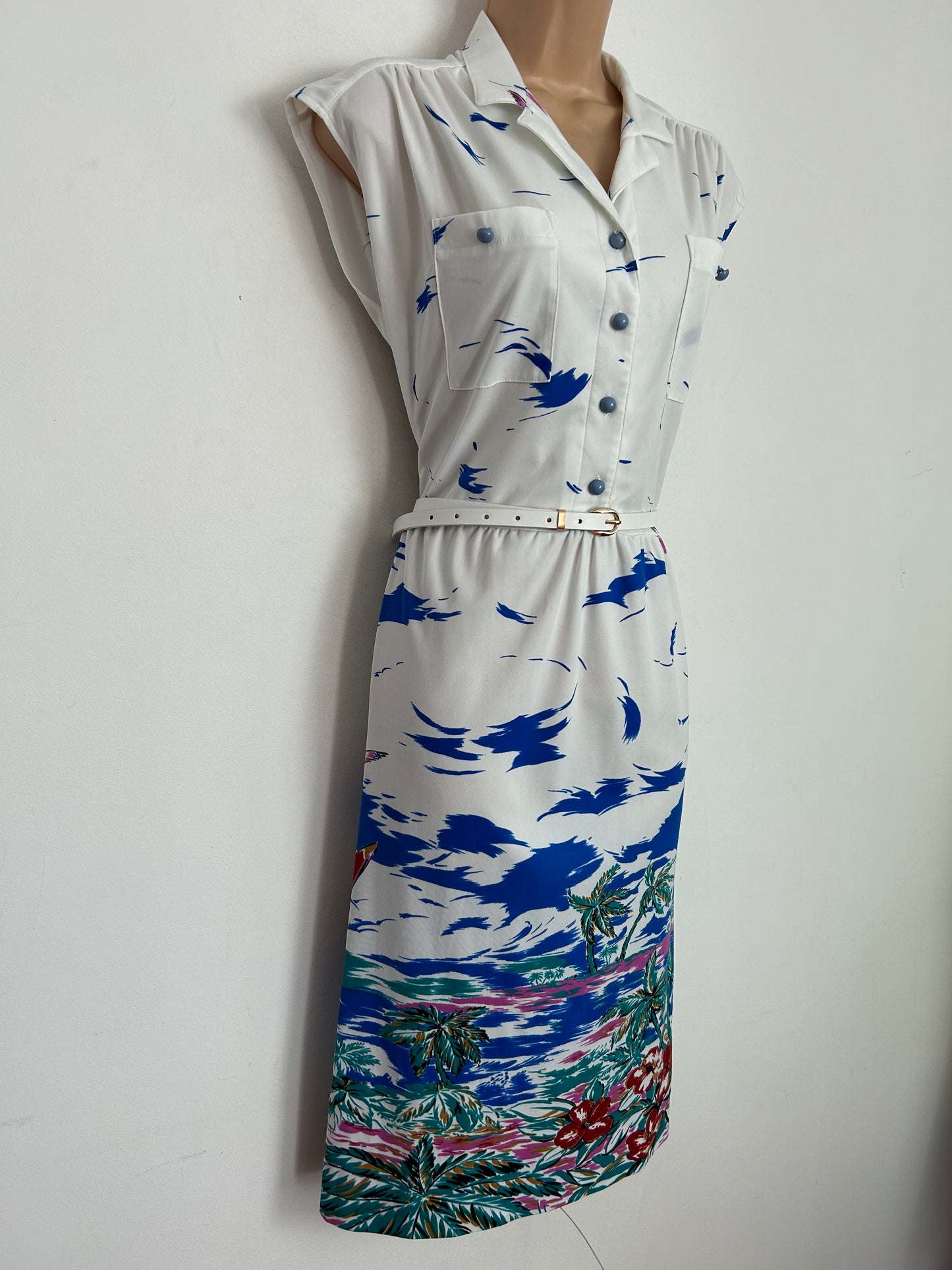 Vintage 1980s approx UK Size 14-16 White & Blue Abtract Troical Island Print Belted Summer Day Dress