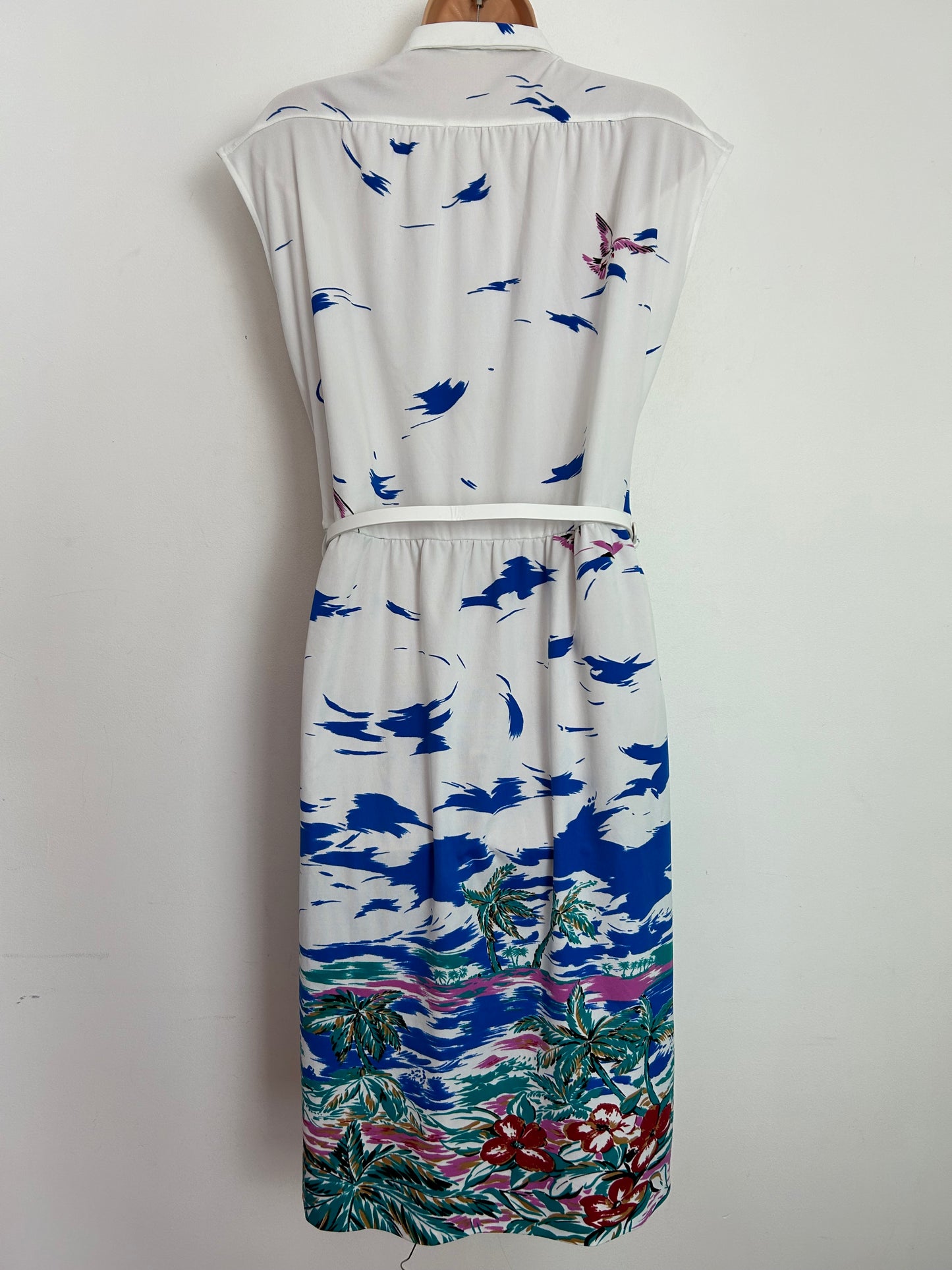 Vintage 1980s approx UK Size 14-16 White & Blue Abtract Troical Island Print Belted Summer Day Dress