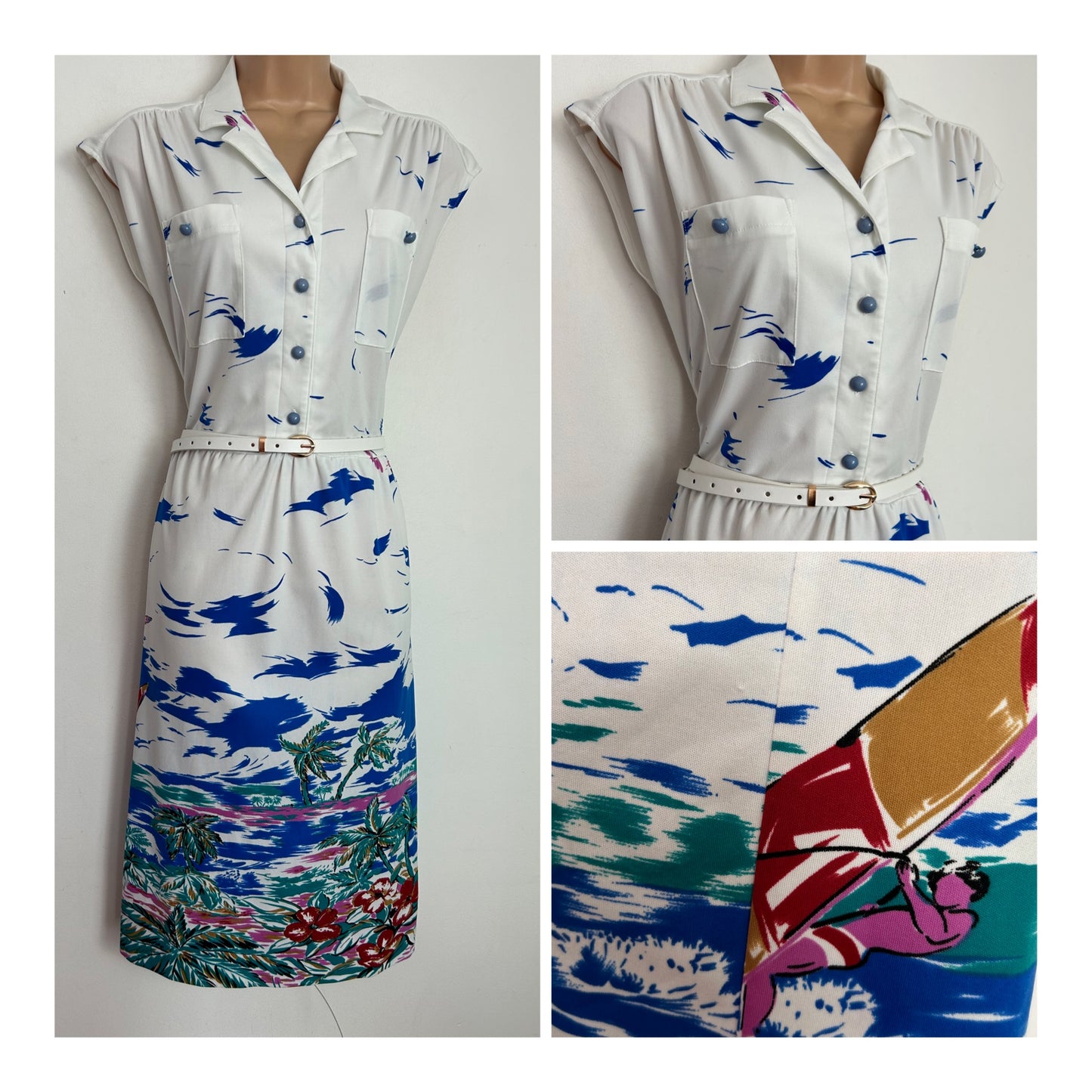 Vintage 1980s approx UK Size 14-16 White & Blue Abtract Troical Island Print Belted Summer Day Dress