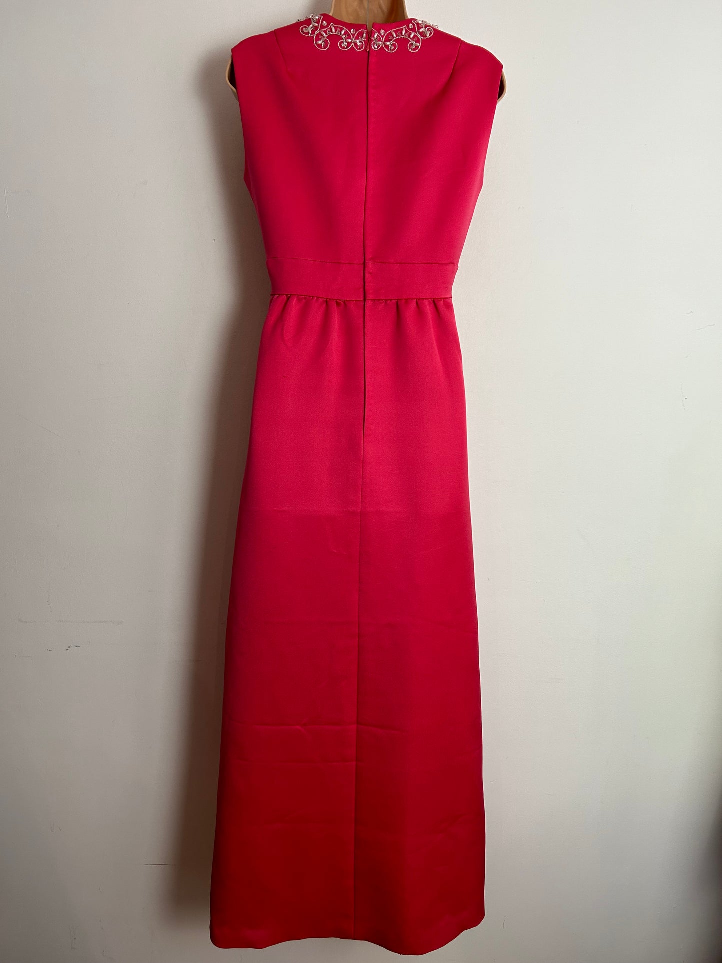 Vintage 1960s UK Size 10 Beautiful Hot Pink Satin Acetate Embellished Bow Detail Special Occasion Gown/Dress