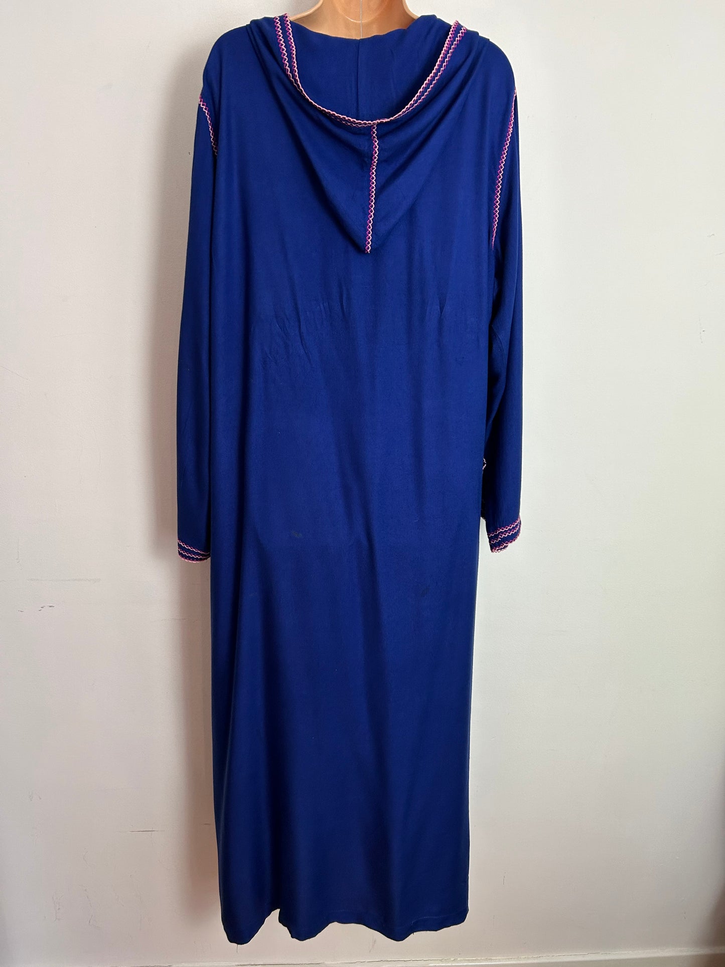 Vintage Free Size Up To Size 20-22 Navy Blue Pink Stich & Embroidered Detail Moroccan Hooded Abaya Kaftan