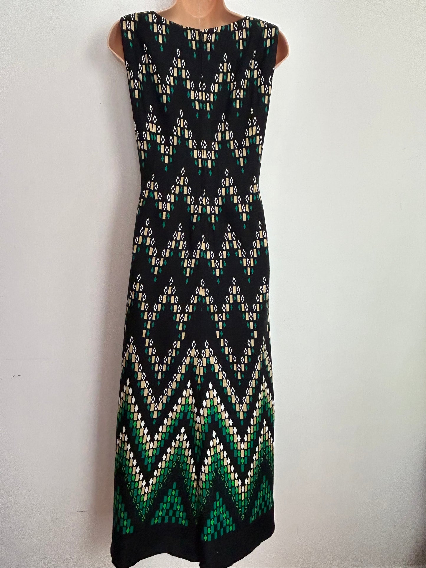 Vintage 1970's UK Size 10 Gorgeous Black Green Beige & White Geo Print Sleeveless Boho Maxi Dress