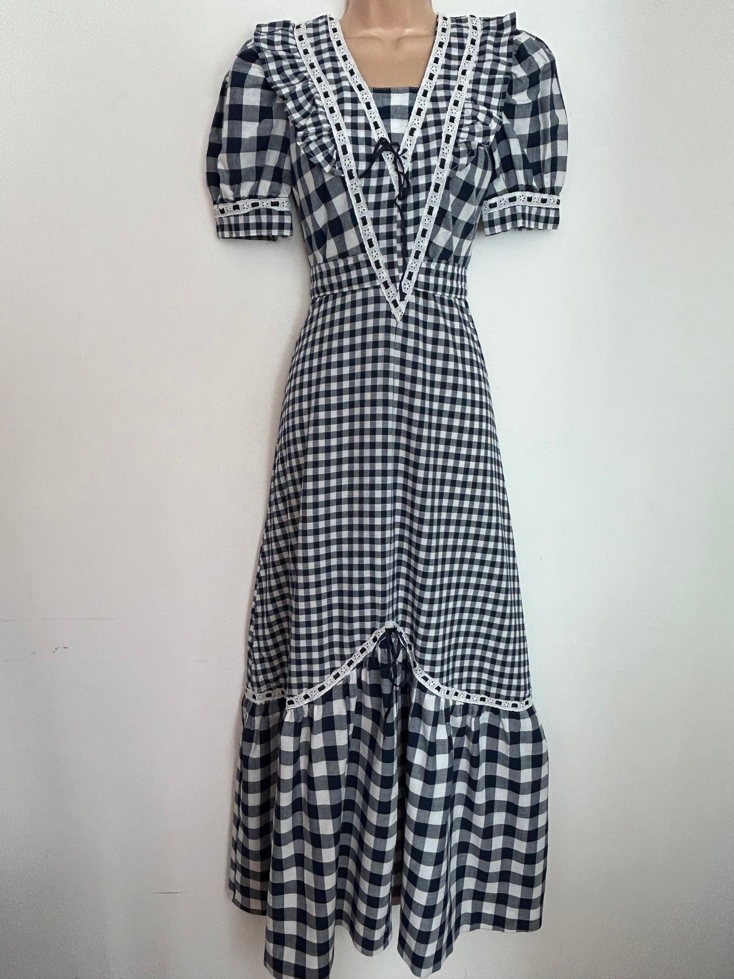 Vintage 1970s UK Size 6 Navy Blue & White Check Print Lace & Ribbon Trim Cotton Prairie Boho Maxi Dress