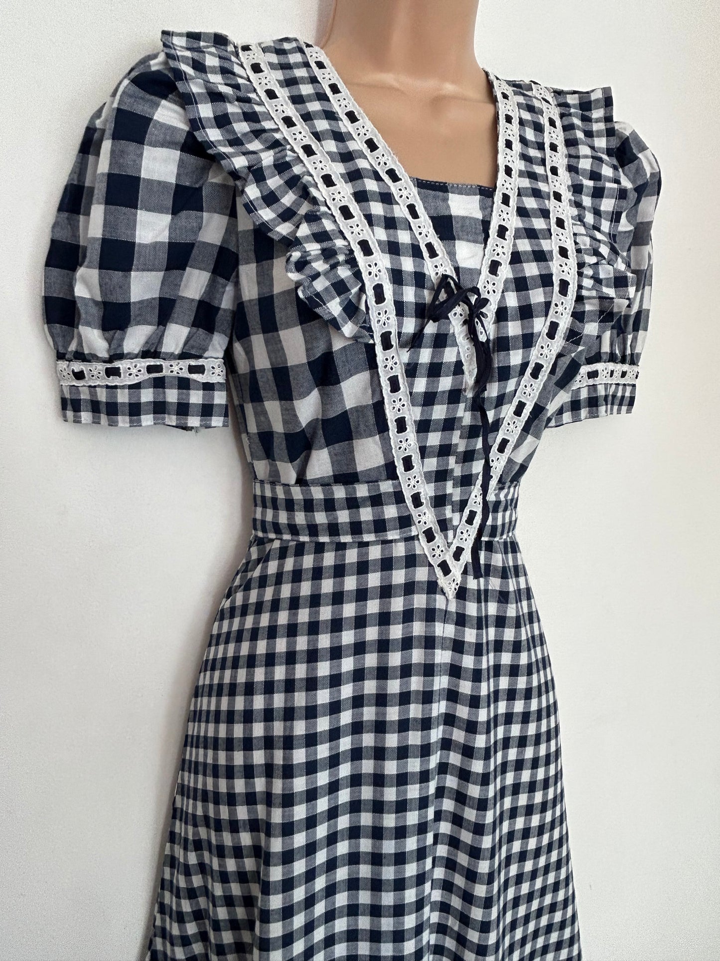 Vintage 1970s UK Size 6 Navy Blue & White Check Print Lace & Ribbon Trim Cotton Prairie Boho Maxi Dress