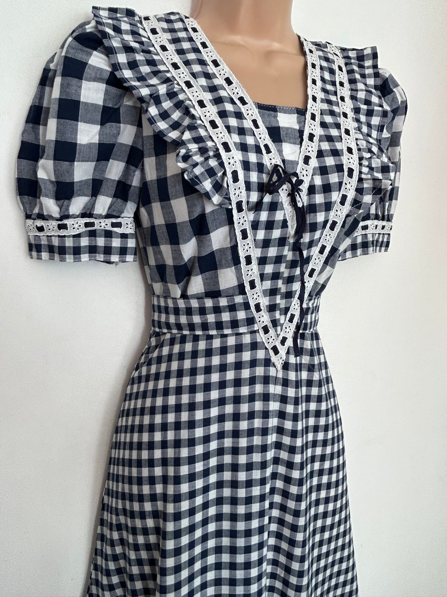 Vintage 1970s UK Size 6 Navy Blue & White Check Print Lace & Ribbon Trim Cotton Prairie Boho Maxi Dress