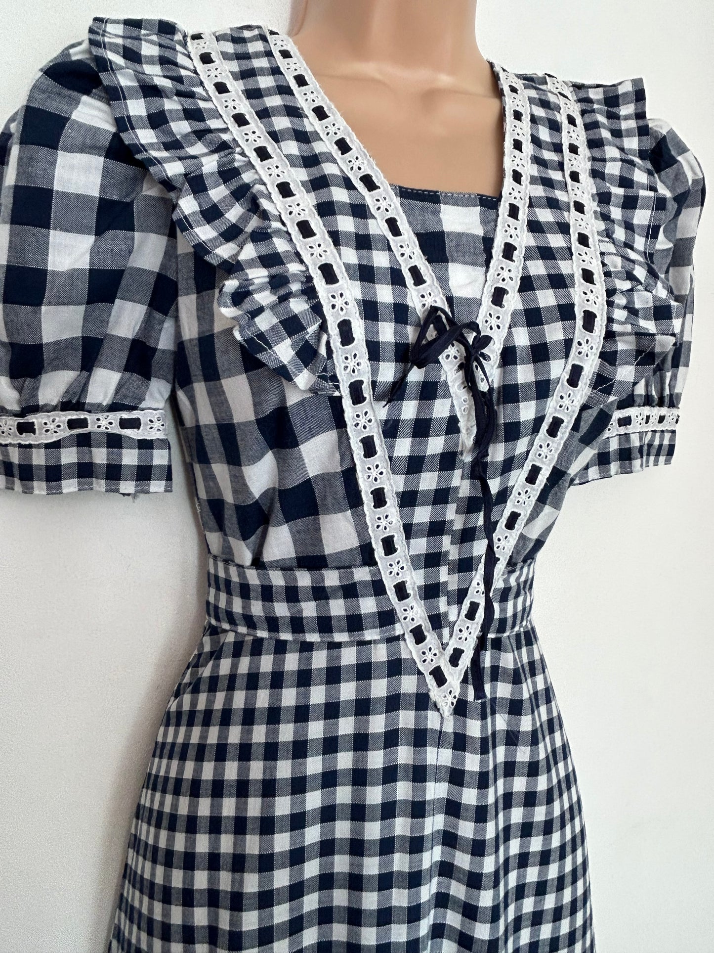 Vintage 1970s UK Size 6 Navy Blue & White Check Print Lace & Ribbon Trim Cotton Prairie Boho Maxi Dress