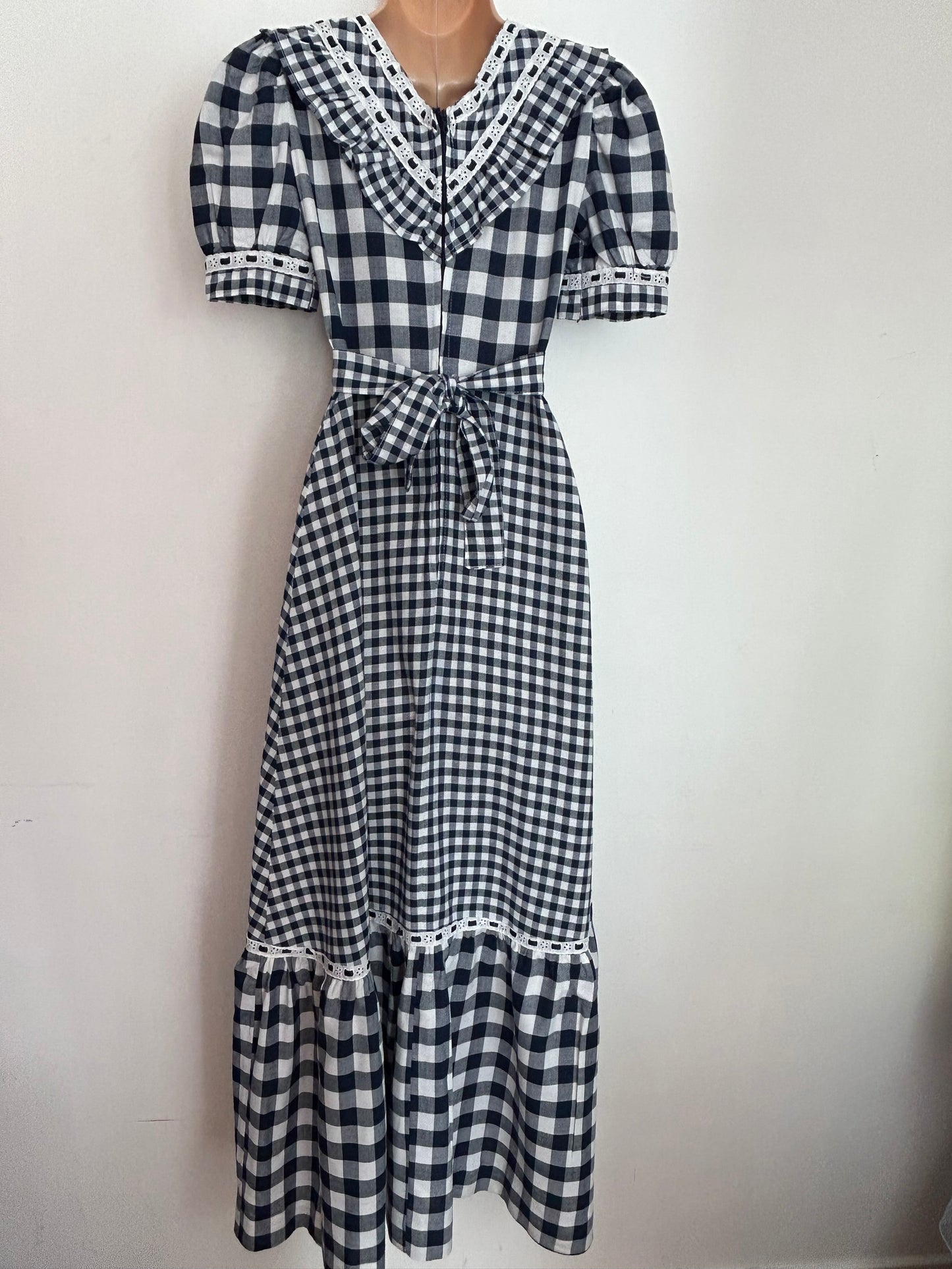 Vintage 1970s UK Size 6 Navy Blue & White Check Print Lace & Ribbon Trim Cotton Prairie Boho Maxi Dress