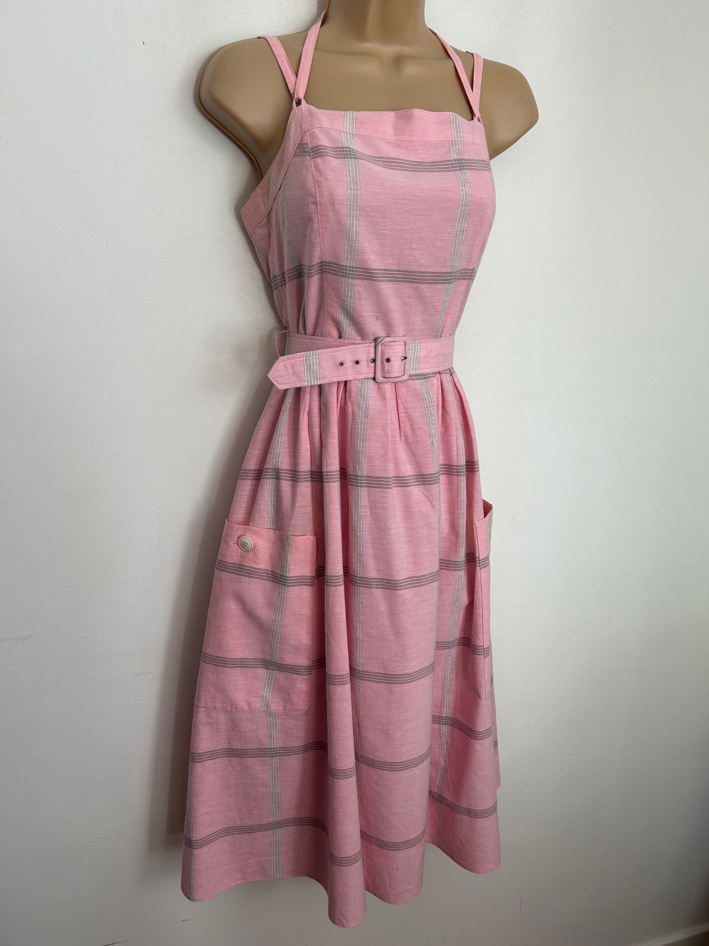 Vintage 1980s UK Size 8 BETTY BARCLAY Pink & Grey Check Print Cotton Strappy Belted Pleated Summer Dress