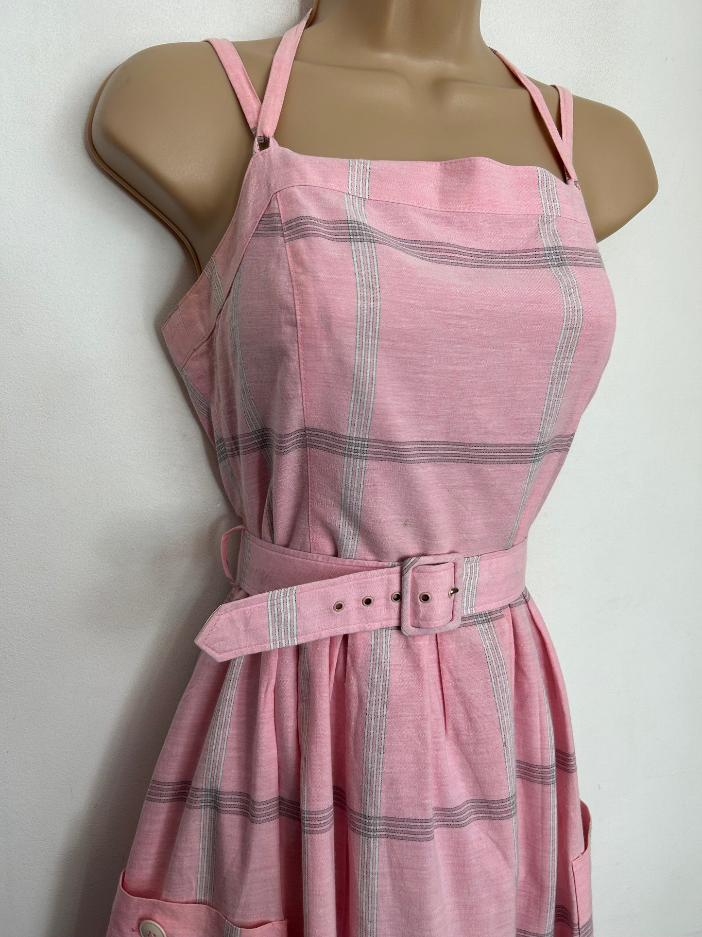 Vintage 1980s UK Size 8 BETTY BARCLAY Pink & Grey Check Print Cotton Strappy Belted Pleated Summer Dress