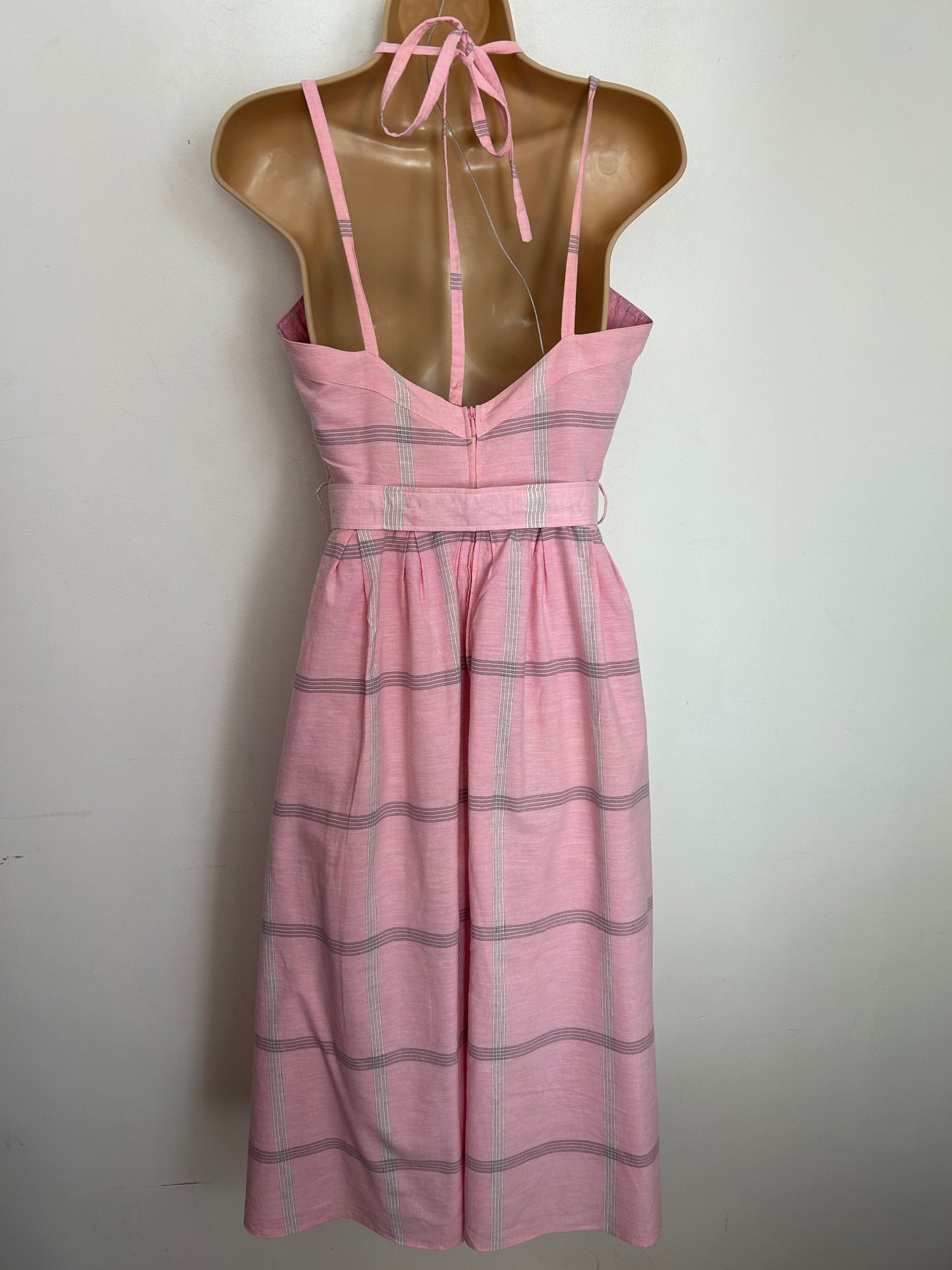 Vintage 1980s UK Size 8 BETTY BARCLAY Pink & Grey Check Print Cotton Strappy Belted Pleated Summer Dress